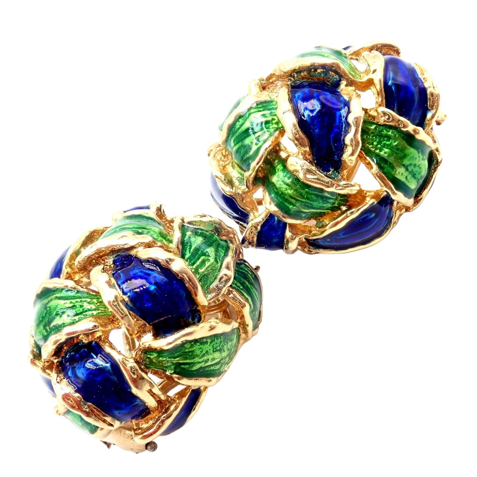 Vintage Tiffany & Co Green Blue Enamel 18k Yellow Gold Basket Weave Earrings - Luxury Jewelry for Women, Perfect for Weddings, Parties & Special Occasions