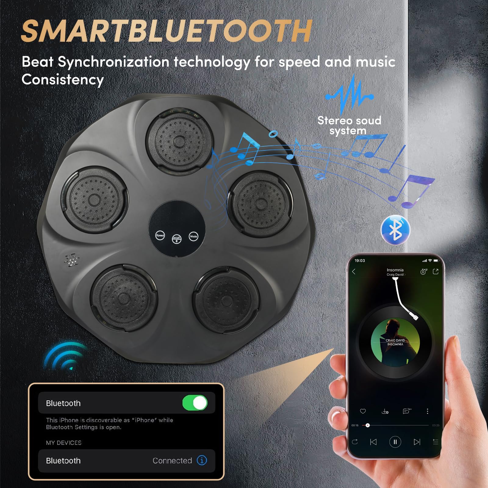 Bluetooth Smart Punching Bag with Music - Wall Mounted Electronic Boxing Trainer for Adults & Teens - Home Gym Equipment with 2 Pairs of Gloves - Perfect for Indoor Workouts, Stress Relief & Fitness Training