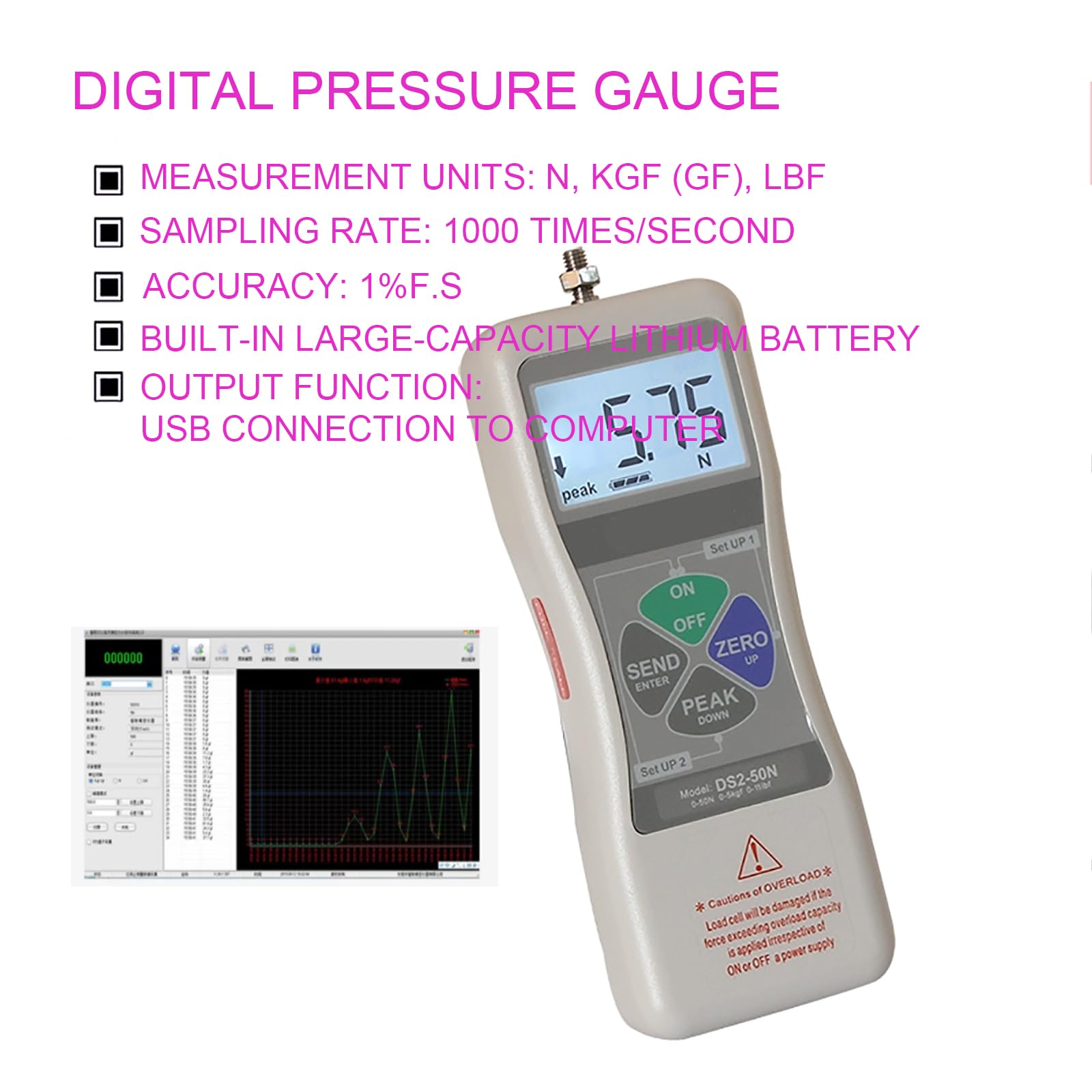 High-Precision Digital Force Gauge 2N-1000N - Push Pull Meter for Tension & Compression Testing (N/kgf/lbf Units) - Ideal for Push-Pull Load Tests, Plug-in Force Measurement & Destructive Testing in Labs, Manufacturing & Quality Control