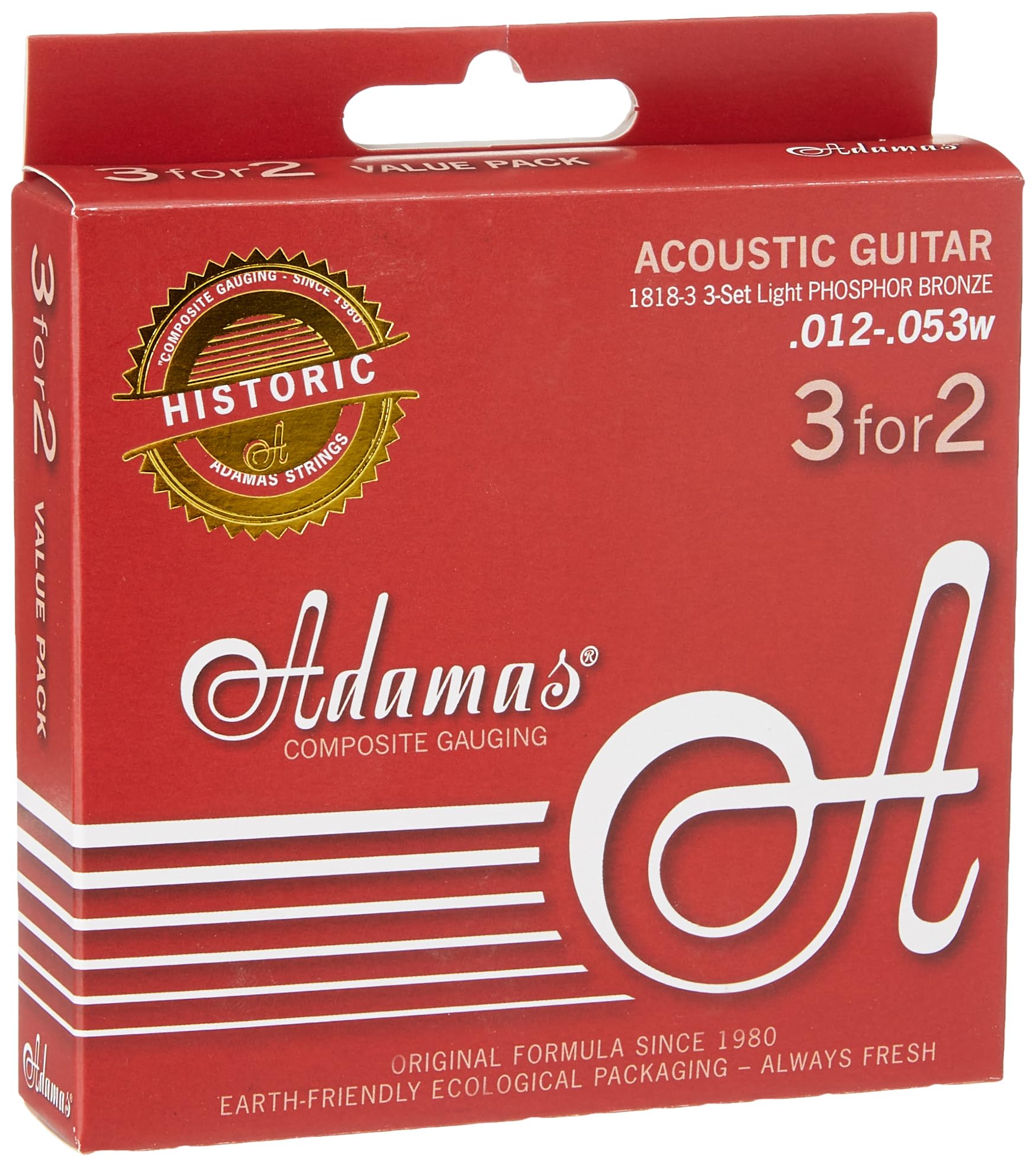 Adamas Phosphor Bronze Acoustic Guitar Strings - Historic Reissue Set of 3 Light .012 (1818-3) | Perfect for Folk, Bluegrass & Fingerstyle Playing