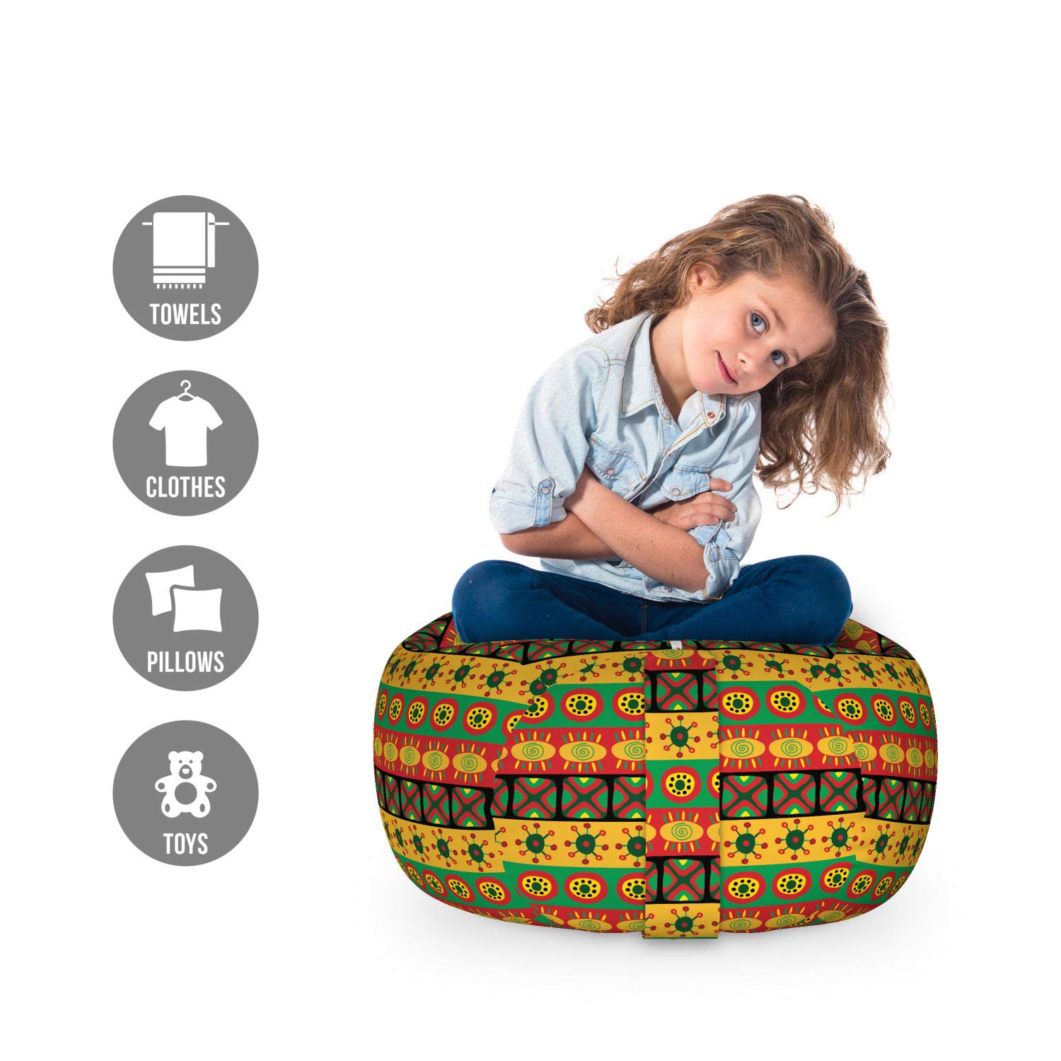 Ambesonne Tribal Toy Storage Bag Chair - Washable Stuffed Animal Organizer with Classic Cultural Circle & Square Motifs, Small Multicolor - Perfect for Kids' Room, Nursery & Playroom Organization