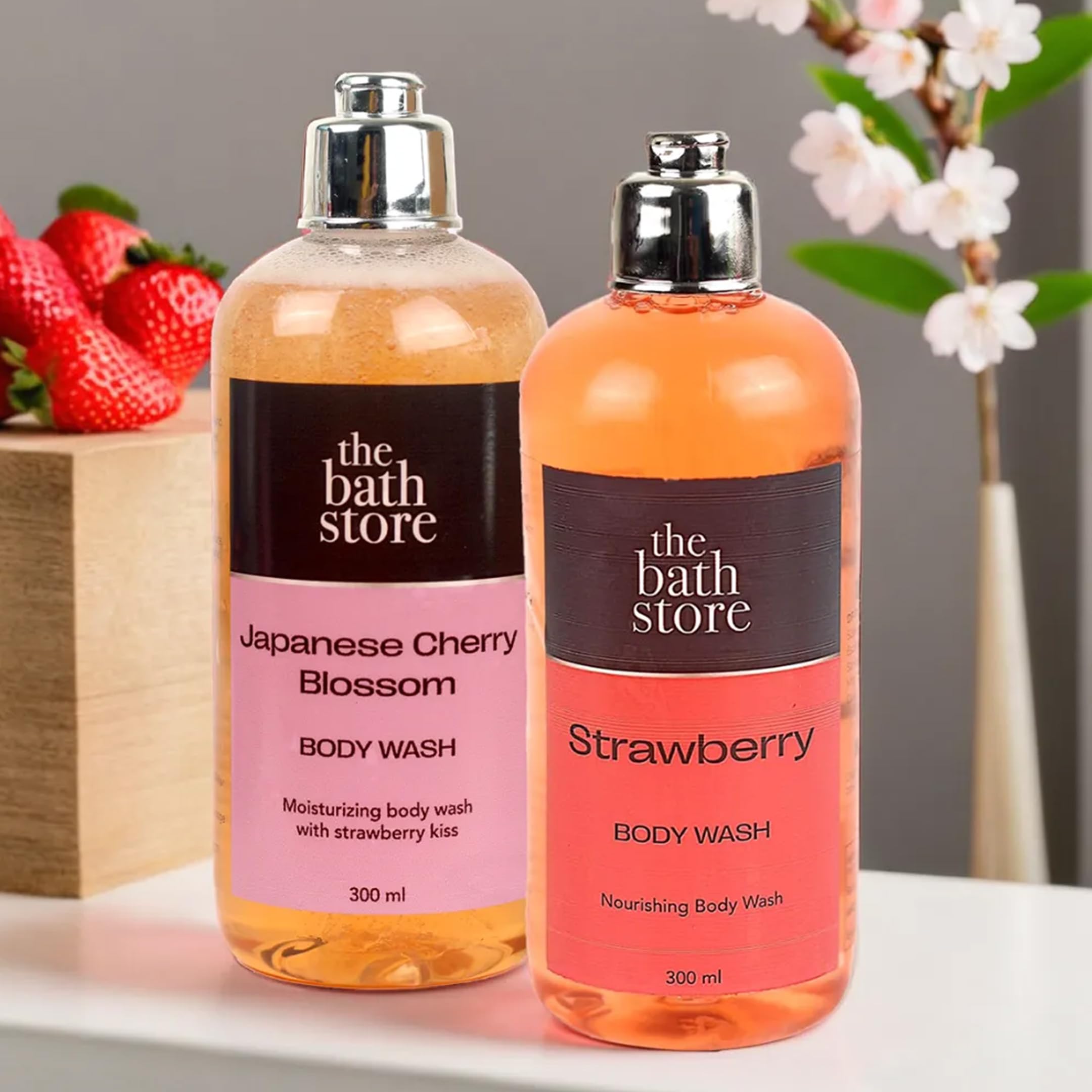 Moisturizing Body Wash for Dry & Oily Skin - Strawberry & Cherry Blossom Scented Shower Gel (Pack of 2 x 300ml) | Tan Removal | For Men & Women | Perfect for Daily Hydration & Post-Sun Care