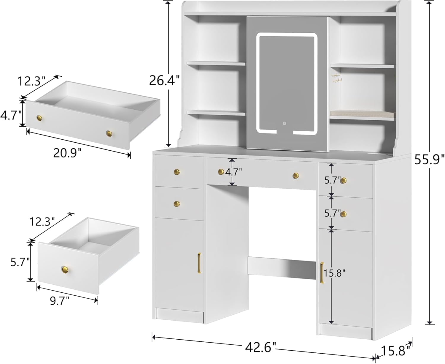 Vanity Desk with Mirror and Lights - Adjustable LED Mirror, 3 Lighting Modes, 5 Drawers & 2 Storage Cabinets - White Dressing Table for Bedroom, Makeup & Beauty Room Organization