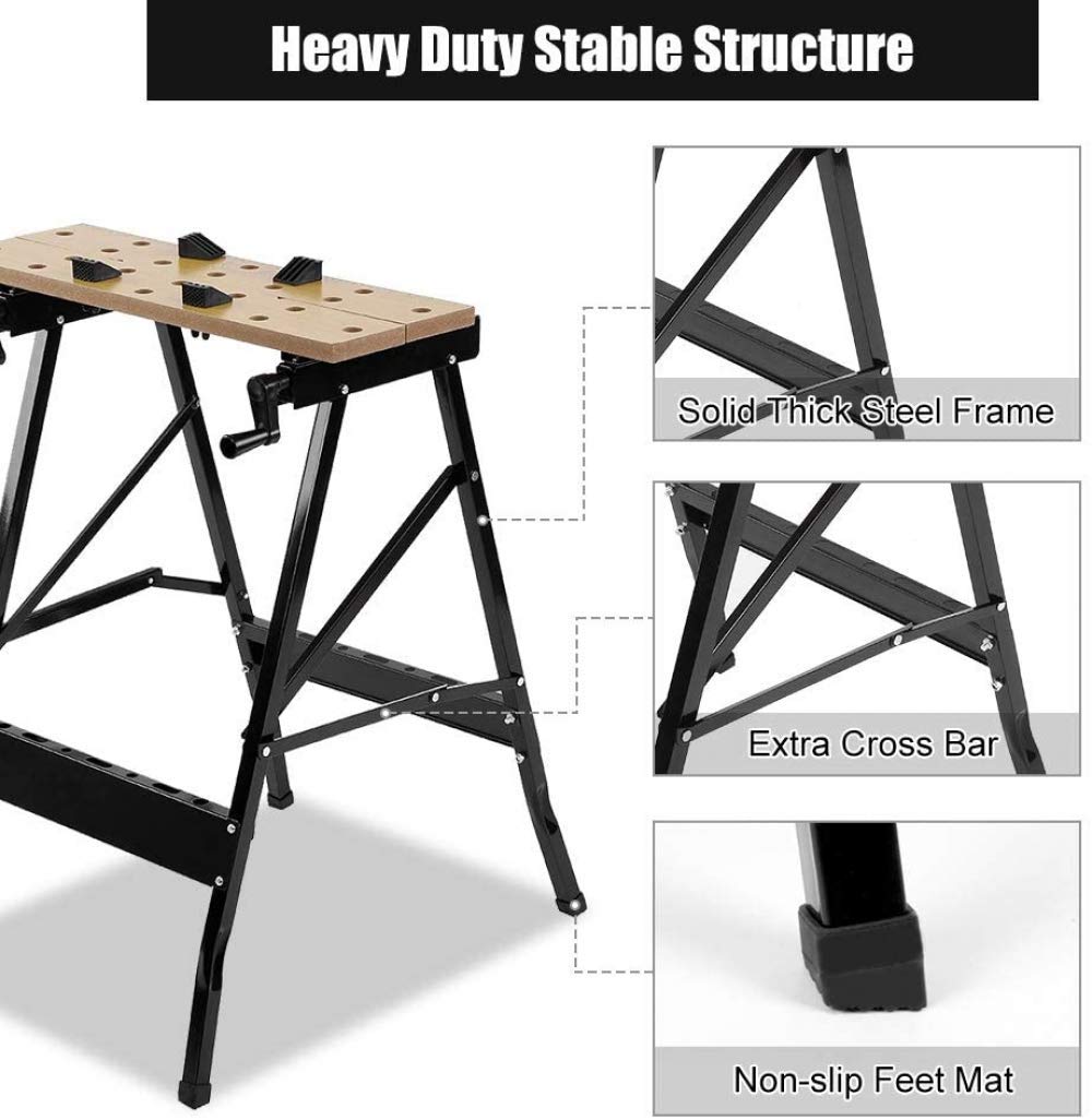 Multifunctional Folding Workbench with Quick Clamp Pegs & Tool Holders - Heavy Duty 220lbs Capacity Sawhorse for Carpenters, Builders & DIY Projects | Perfect for Workshop, Garage & Construction Sites