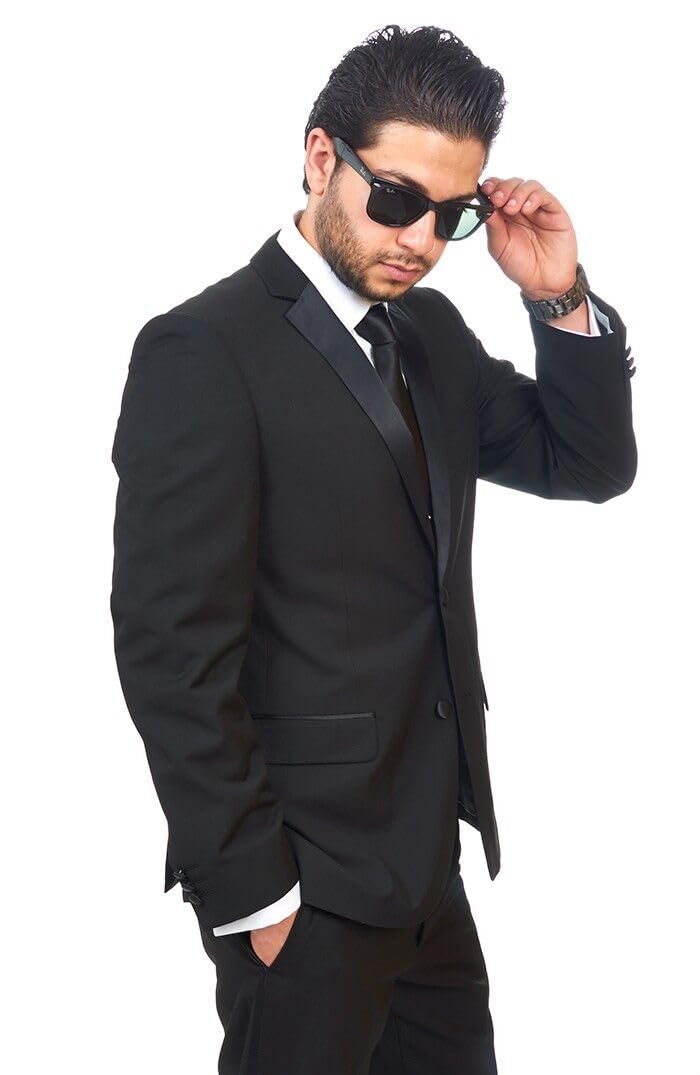 AZAR MAN Slim Fit Men's Suit Tuxedo - Black 2 Button Satin Lapel Formal Suit with Flat Front Pants | Perfect for Weddings, Prom, Business Meetings & Special Occasions