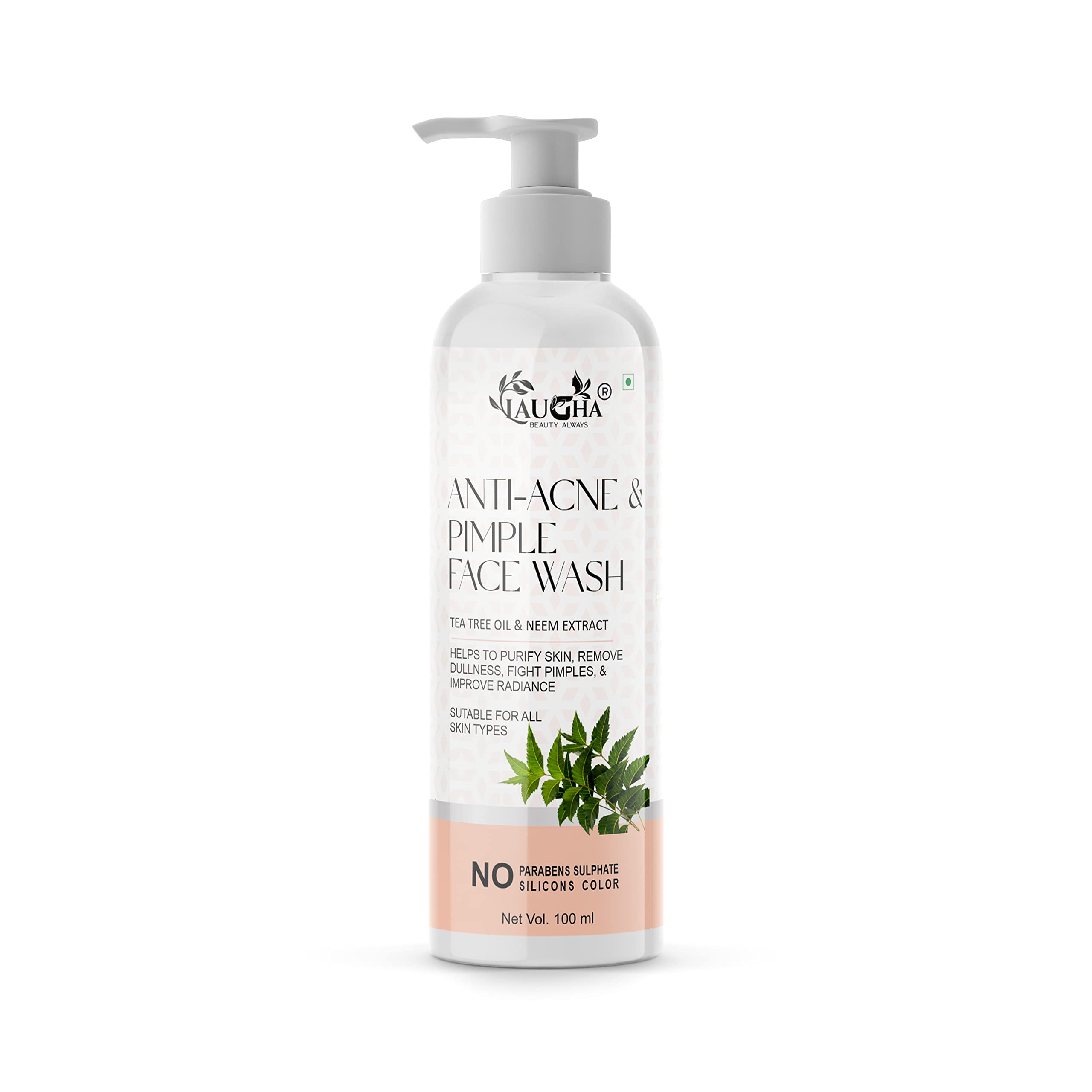 Laugha Anti Acne & Pimple Face Wash for Oil Control - Tea Tree Oil, Neem & Aloe Vera Formula for Pimple Marks Removal & Glowing Skin (100ml) | Daily Cleansing for Clear, Bright Skin | Perfect for Oily & Acne-Prone Skin Types