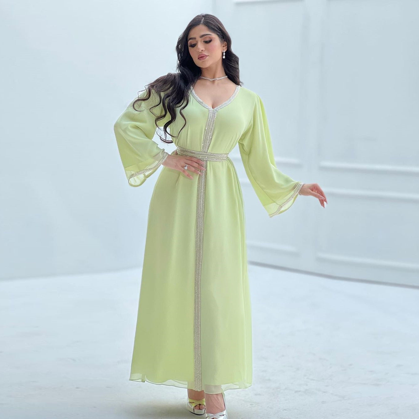 Light Green Chiffon Caftan Dress for Women - Elegant Jalabiya Kaftan for Beach, Summer & Boho Style | Perfect for Vacation, Poolside & Casual Wear