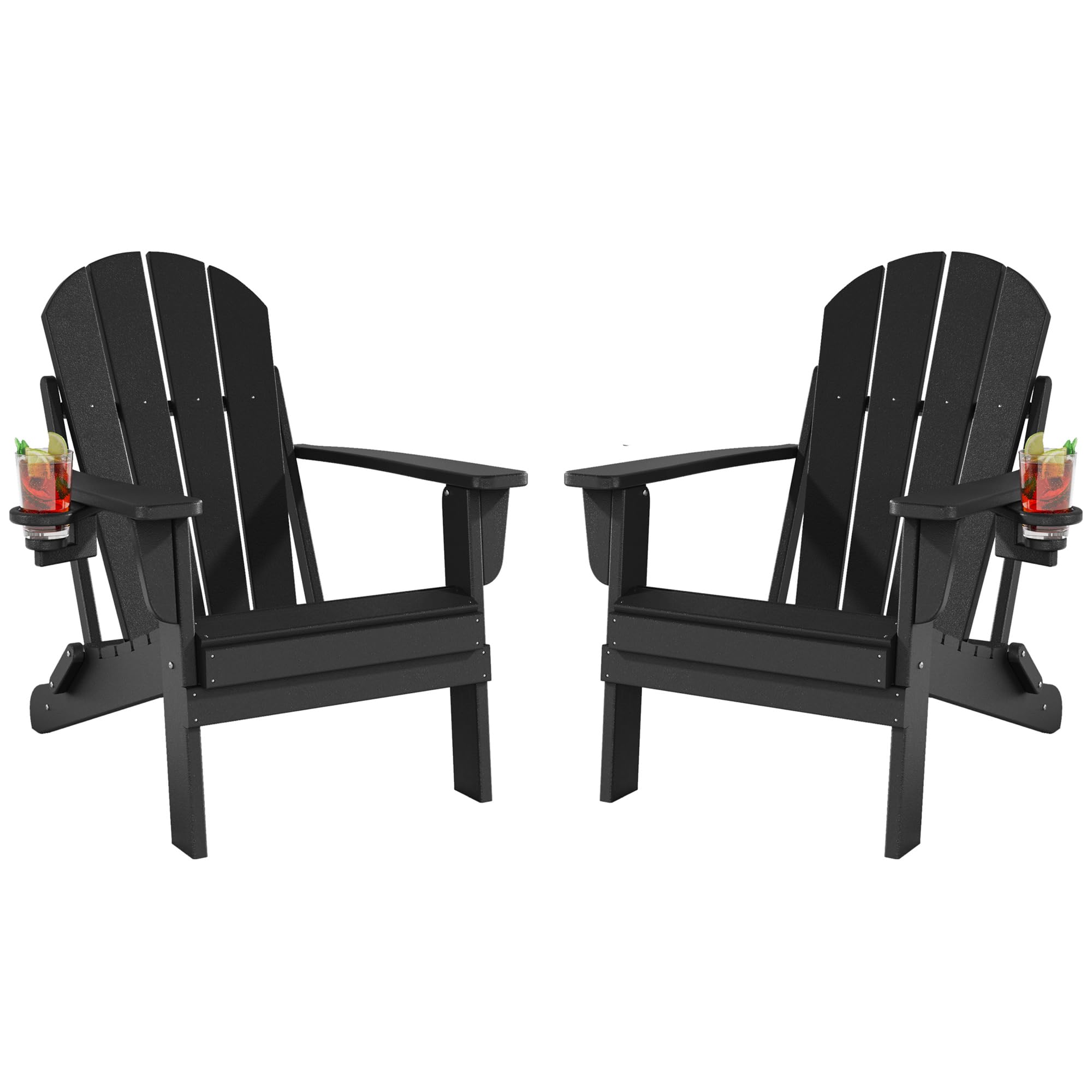 2-Pack Folding Adirondack Chairs - Heavy Duty All-Weather HDPE Outdoor Patio Chairs with Cup Holders - 385lb Weight Capacity (80% Pre-Assembled) - Perfect for Backyard, Garden, Poolside & Camping - Black