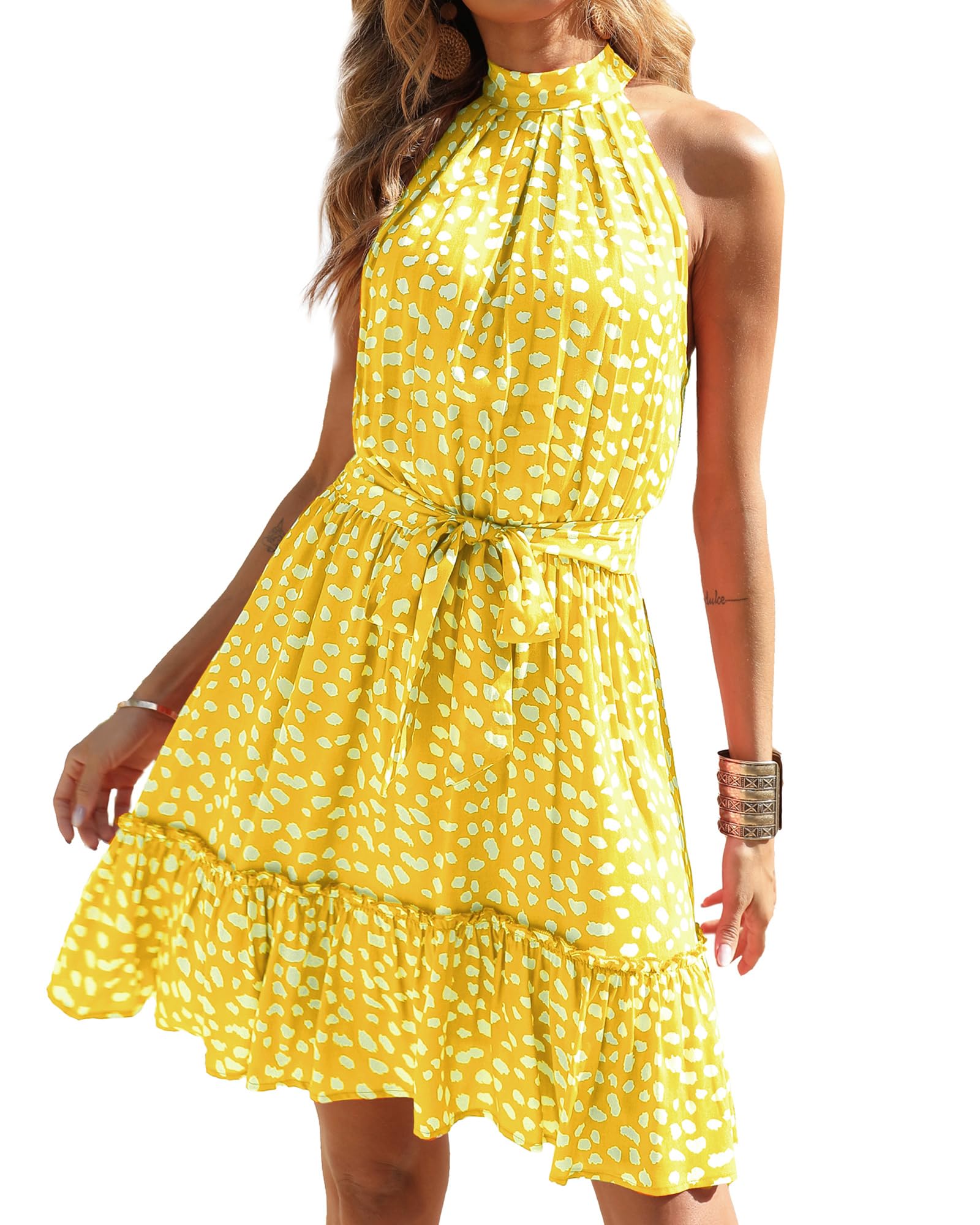 BTFBM Women's Floral & Polka Dot Halter Neck Summer Dress - Sleeveless Boho Mini Dress with Ruffle Trim for Beach, Vacation & Casual Outings in Spring & Summer 2025