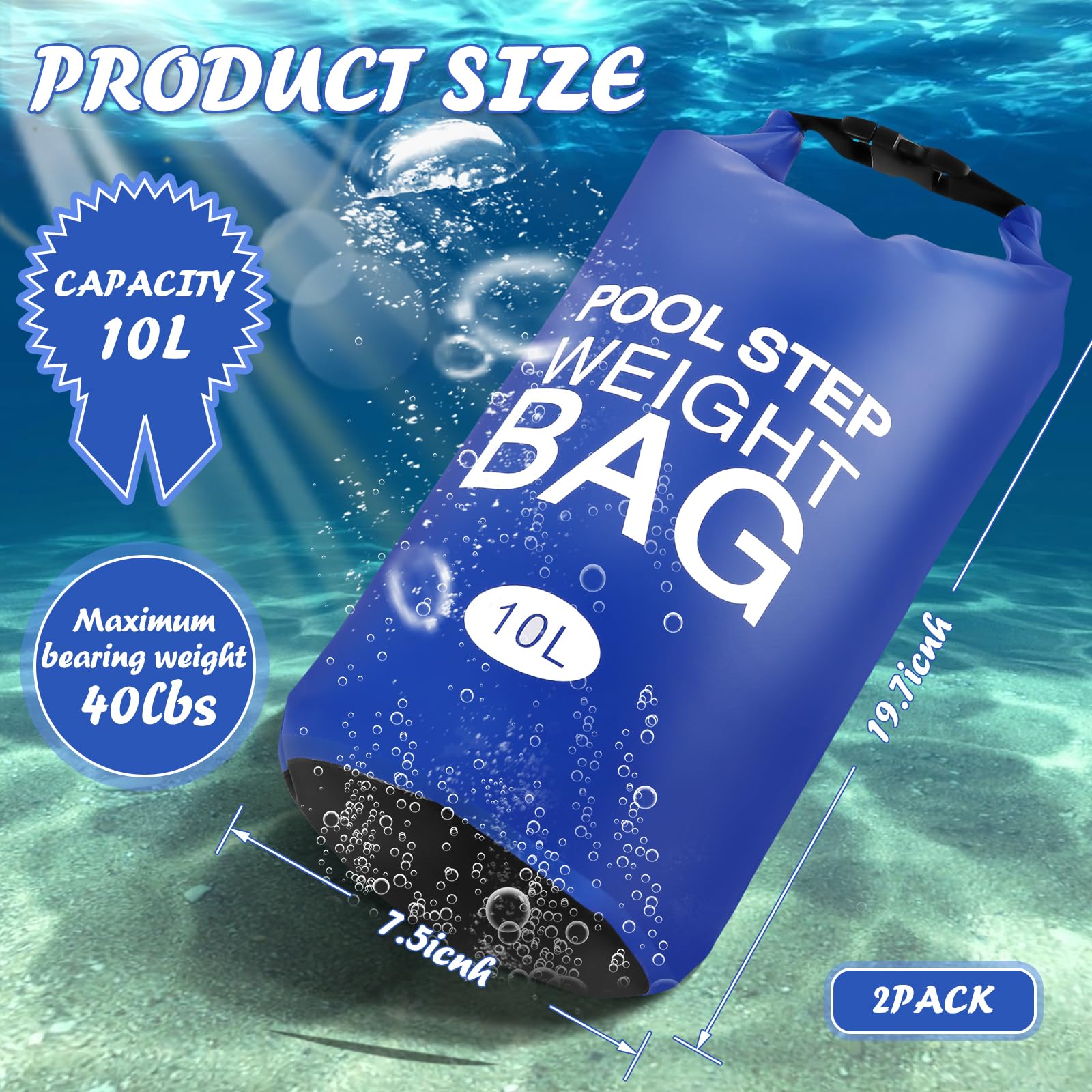 2 Pack Universal Pool Step Weights - 250D PVC Waterproof Swimming Pool Ladder Weights 10L, Durable Above Ground Pool Ladder Sand Bags for Stability, Foldable Pool Stair Weights for Easy Storage - Perfect for Inground & Above Ground Pools (Blue) - Use for Securing Pool Ladders, Preventing Floating & Enhancing Safety During Swimming