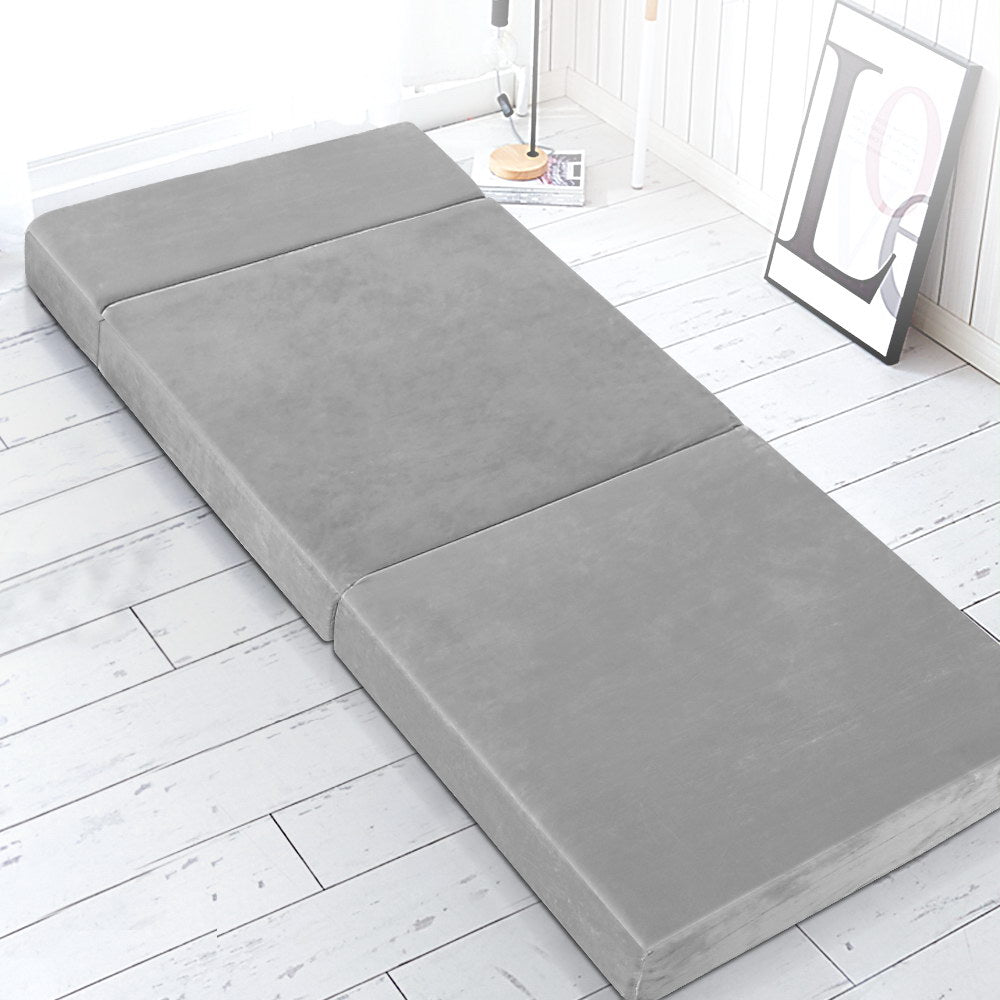 Portable Folding Foam Mattress Sofa Bed - Velvet Light Grey Lounge Chair for Camping, Guest Room & Small Spaces | Comfortable Convertible Sleeper for Adults