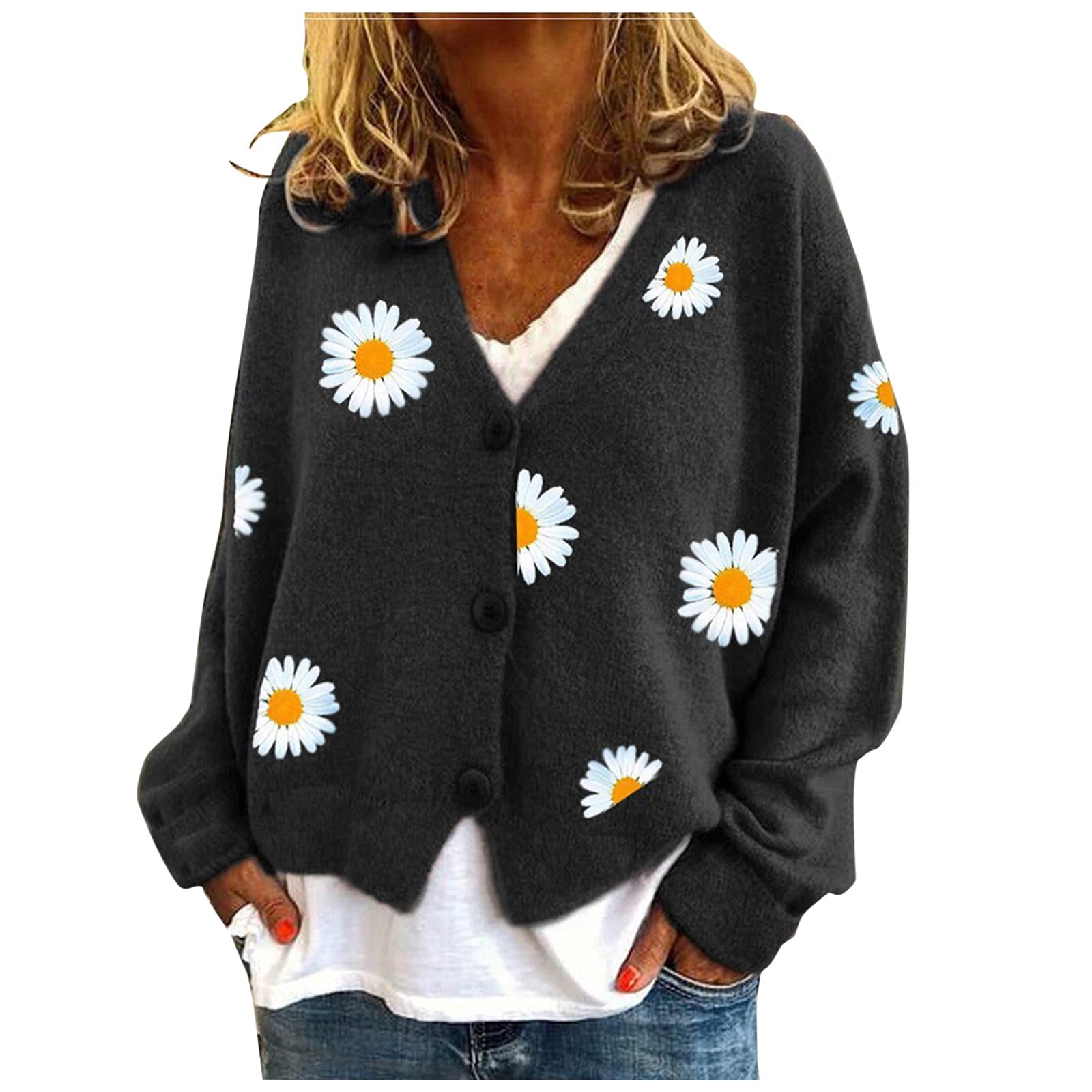 UNIROSE Women's Daisy Print V-Neck Cardigan Sweater - Long Sleeve Warm Knit Top Coat for Teachers & Office Wear - Perfect for Fall Layering and Casual Outfits