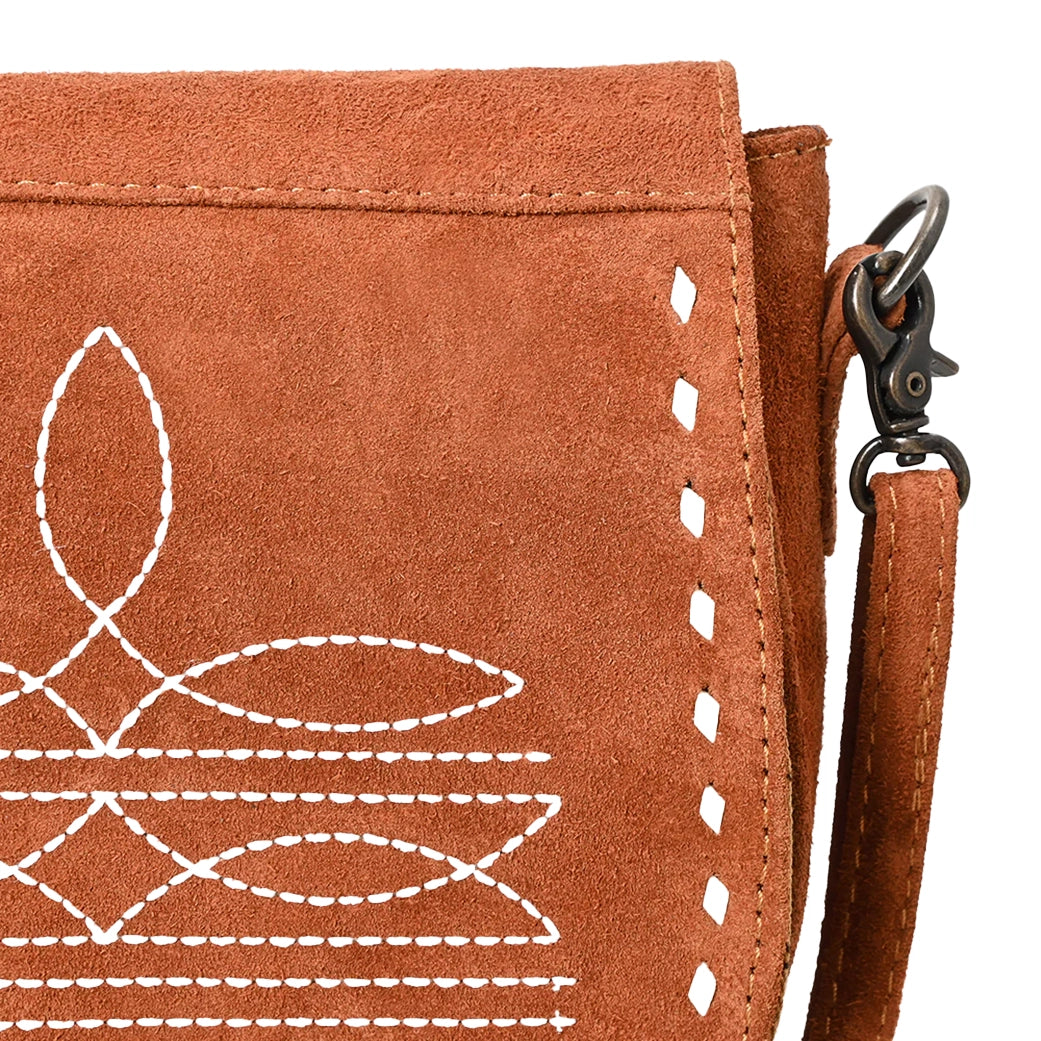 American Darling Chocolate Roughout Boot Stitch Leather Crossbody Bag - Stylish & Durable Leather Purse for Women, Perfect for Daily Use, Shopping & Travel Accessories