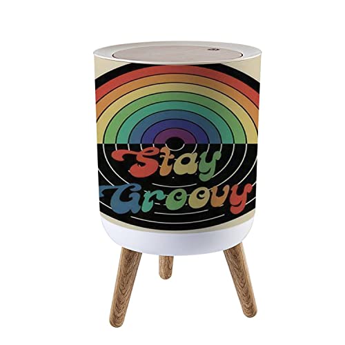 70s Retro Small Trash Can with Lid - Stay Groovy Slogan Print & Rainbow Bridge Record Design - 1.8 Gallon Round Waste Bin with Press Cover - Dog Proof Garbage Bin for Kitchen, Bathroom, Living Room - Perfect for Vintage Lovers & Music Enthusiasts