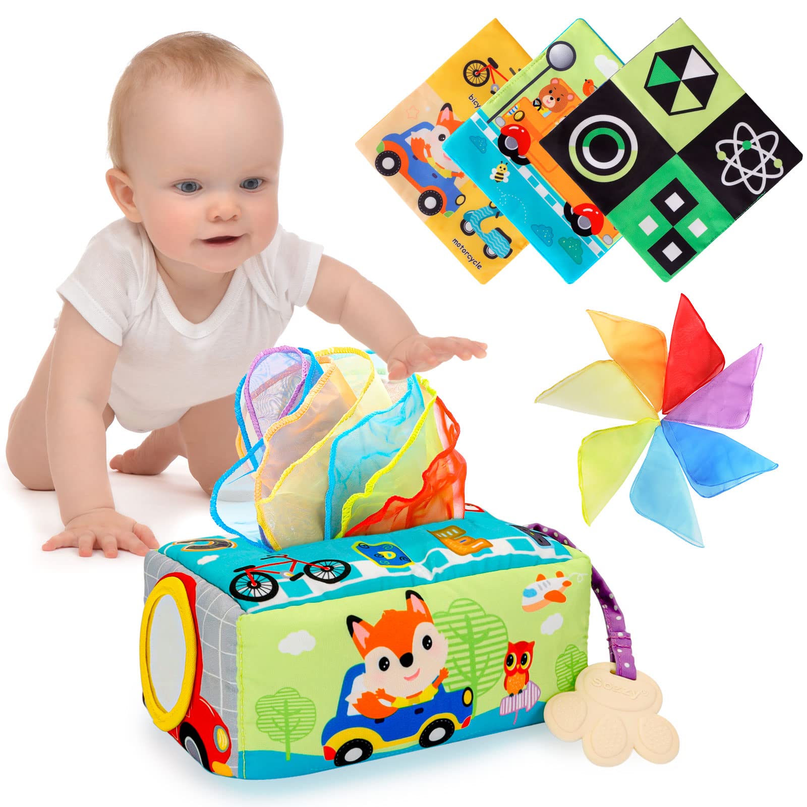 FPVERA Baby Sensory Tissue Box - Soft Stuffed Infant Toy for 0-6 Months | High Contrast Crinkle Montessori Learning Toy | Early Development Magic Tissue Box for Boys & Girls | Perfect Baby Shower Gift for Newborns & Toddlers | Great for Tummy Time, Sensory Play & Early Learning Activities