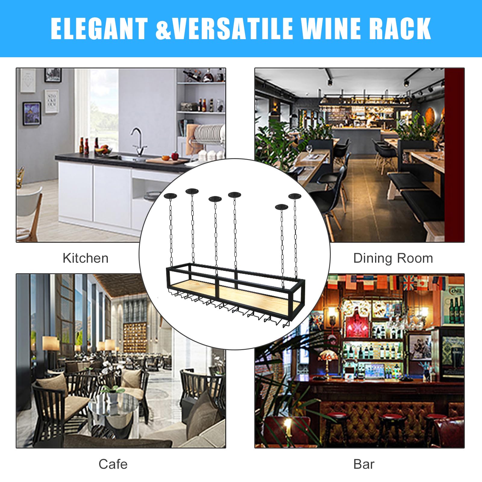 Adjustable Black Metal Ceiling Wine Rack with Glass Holder - 63