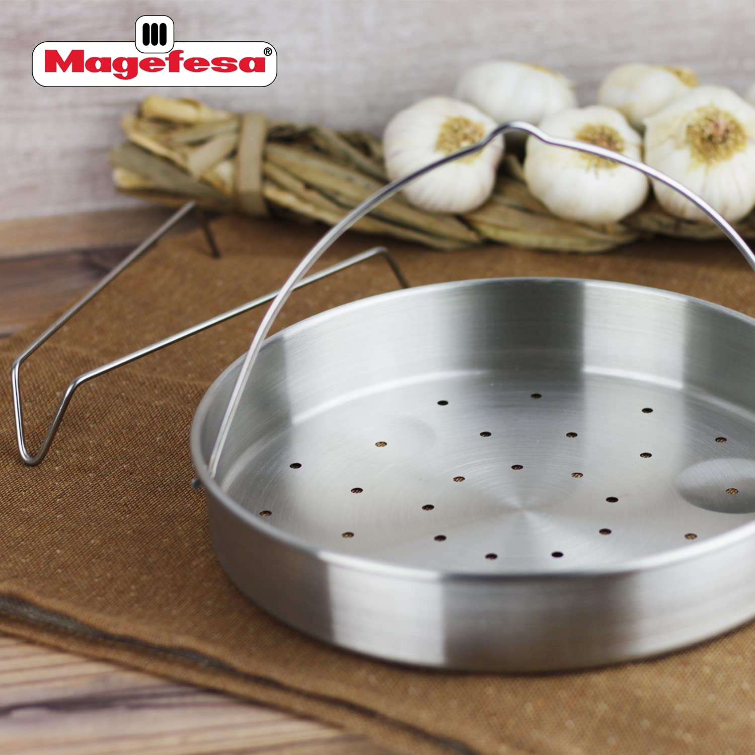 MAGEFESA Stainless Steel Perforated Steamer Basket with Tripod - 7.9 Inch (20cm) Universal Fit for Pressure Cookers & 8.7 Inch (22cm) Kitchen Utensils - Perfect for Steaming Vegetables, Seafood & Dumplings