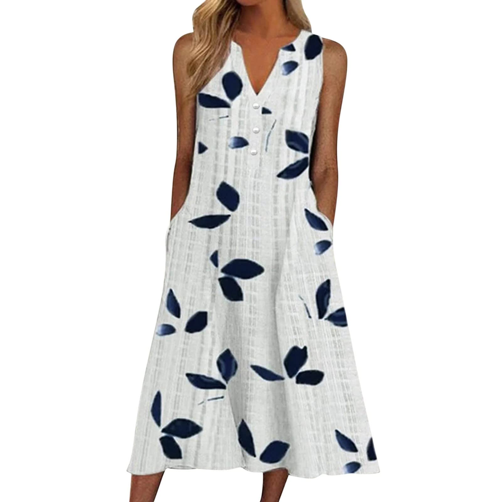Butterfly Print V-Neck Sleeveless Pocket Long Dress for Women - Casual Mini Dress for Holiday, Beach, Party & Summer Outfits