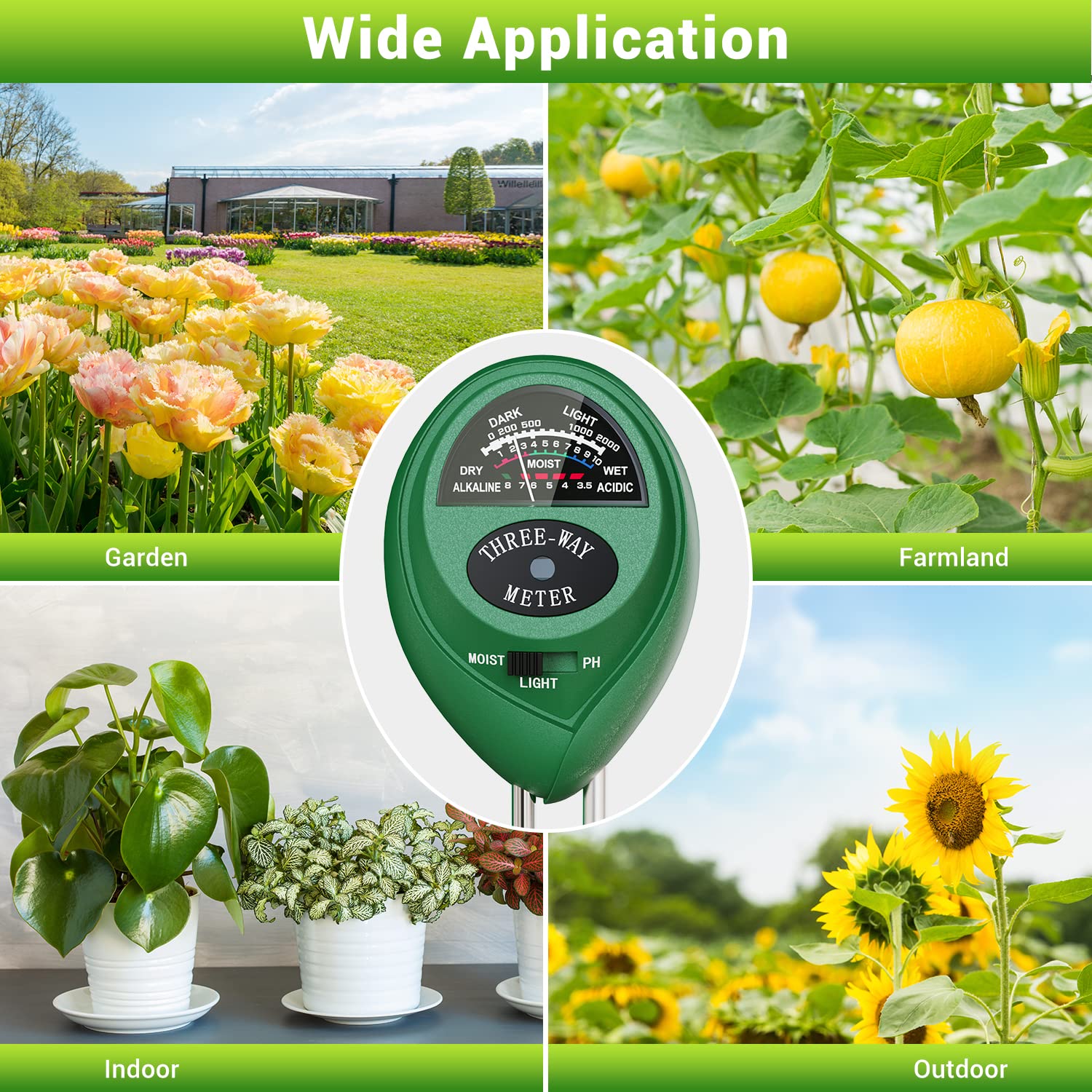 Dr.meter 3-in-1 Plant Moisture Meter - Soil Moisture, Light & pH Tester for Indoor/Outdoor Plants | No Batteries Needed | Perfect for Gardening, Houseplants & Lawn Care