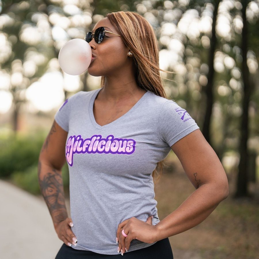 Women's Milflicious V-Neck T-Shirt - Soft Heather Gray Cotton Tee for Casual Wear & Everyday Outfits