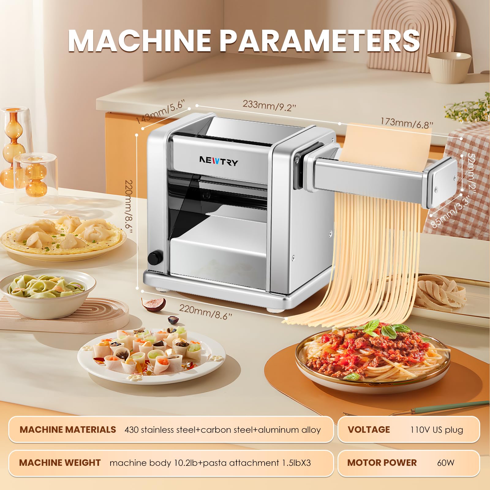 NEWTRY Electric Pasta Maker Machine - 3 Blade Attachments (2mm/4mm/6.5mm) for Homemade Noodles, Dough Roller & Press Cutter - 110V US Plug - Perfect for Family Cooking, Italian Dishes & Fresh Pasta Making at Home