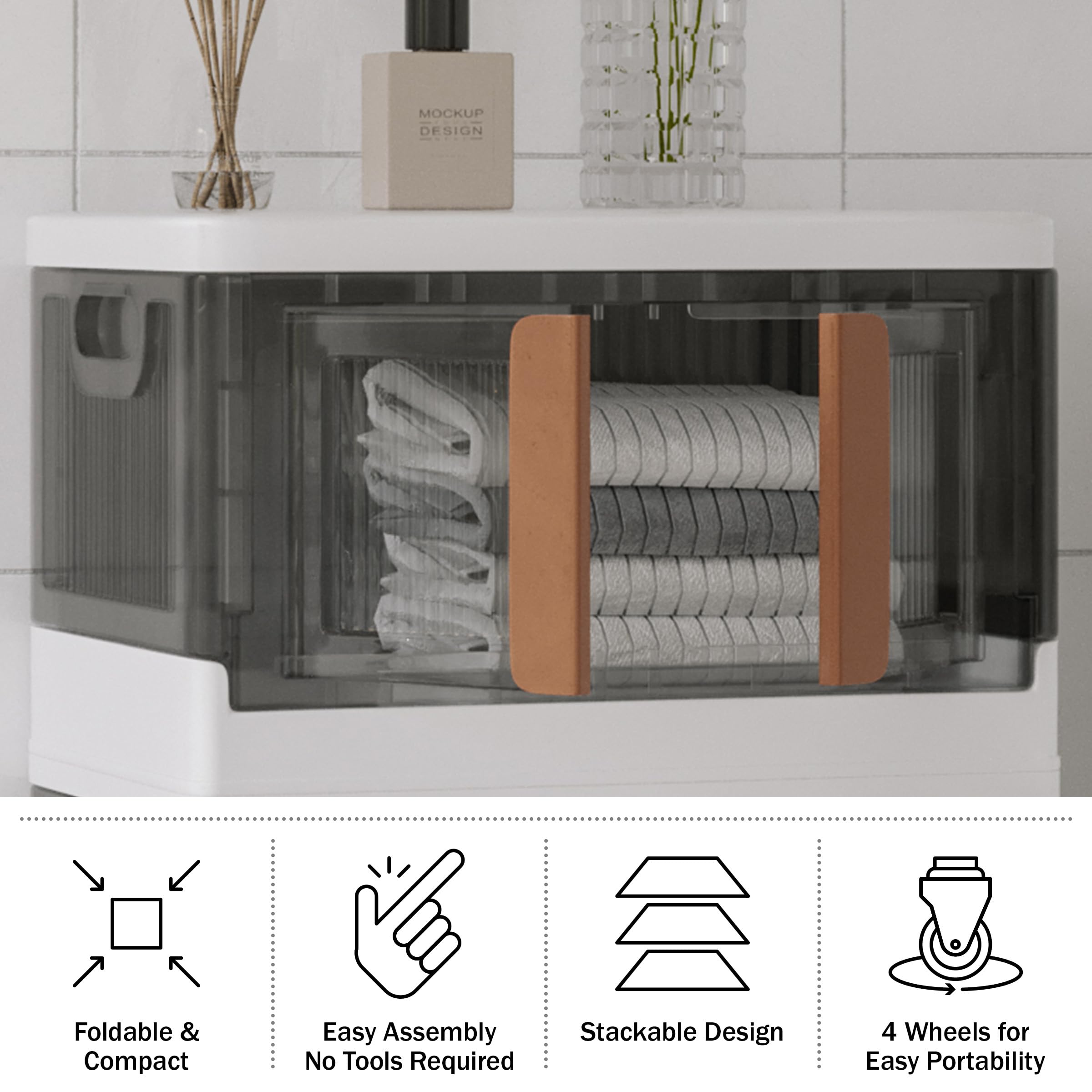 Home-Complete Collapsible Storage Bin - 8.4 Gallon Large Capacity Organizer with Lid, Double Doors & Wheels - Stackable Storage Containers for Home, Office, Garage & Closet Organization