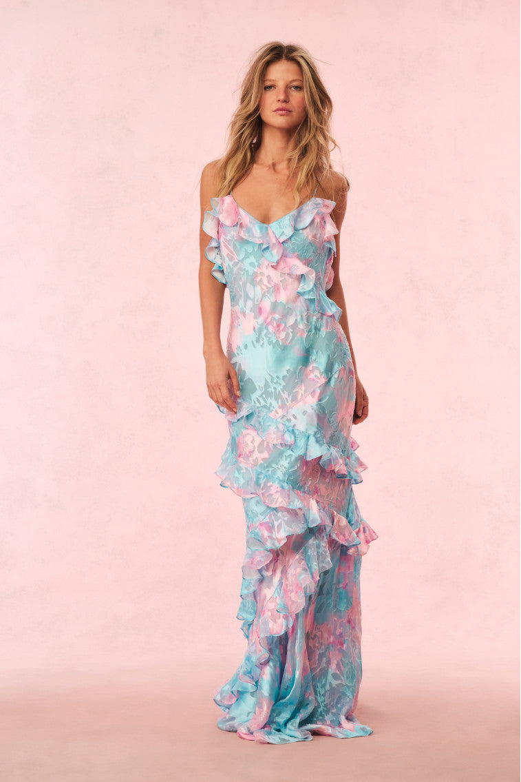 Pastel Ruffle Maxi Dress for Women - Flowy Summer Beach Dress with Long Sleeves - Perfect for Weddings, Vacations & Boho Fashion