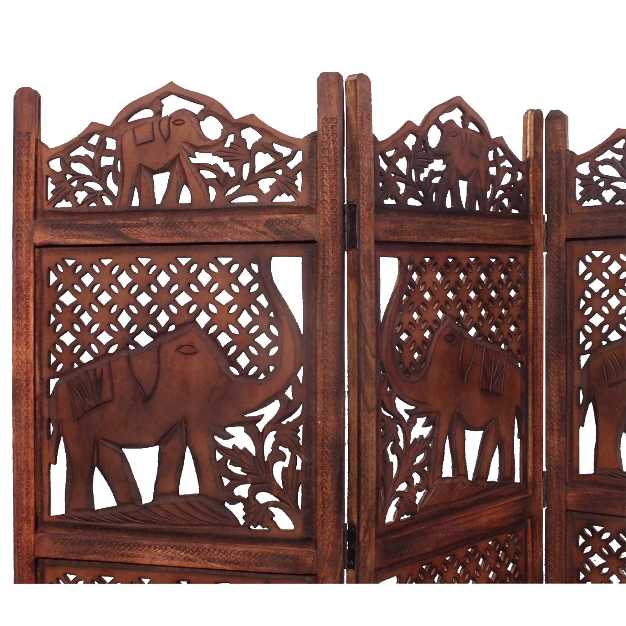 Hand Carved Elephant Design Foldable 4-Panel Wooden Room Divider - Brown Wood Partition Screen for Living Room, Bedroom & Office Decor | BM34823 by Benzara