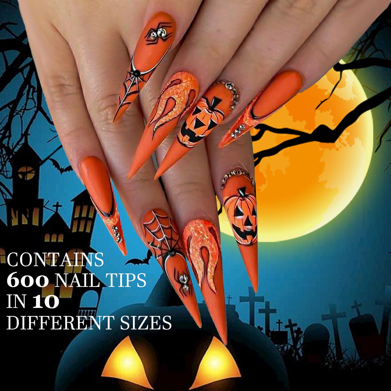 600 Pcs Clear Acrylic Nail Tips - Professional Long Fake Nails for Halloween & DIY Designs - 10 Sizes Almond Shape Artificial Nail Extension Kit - Perfect for Nail Salon & Home Manicure Use