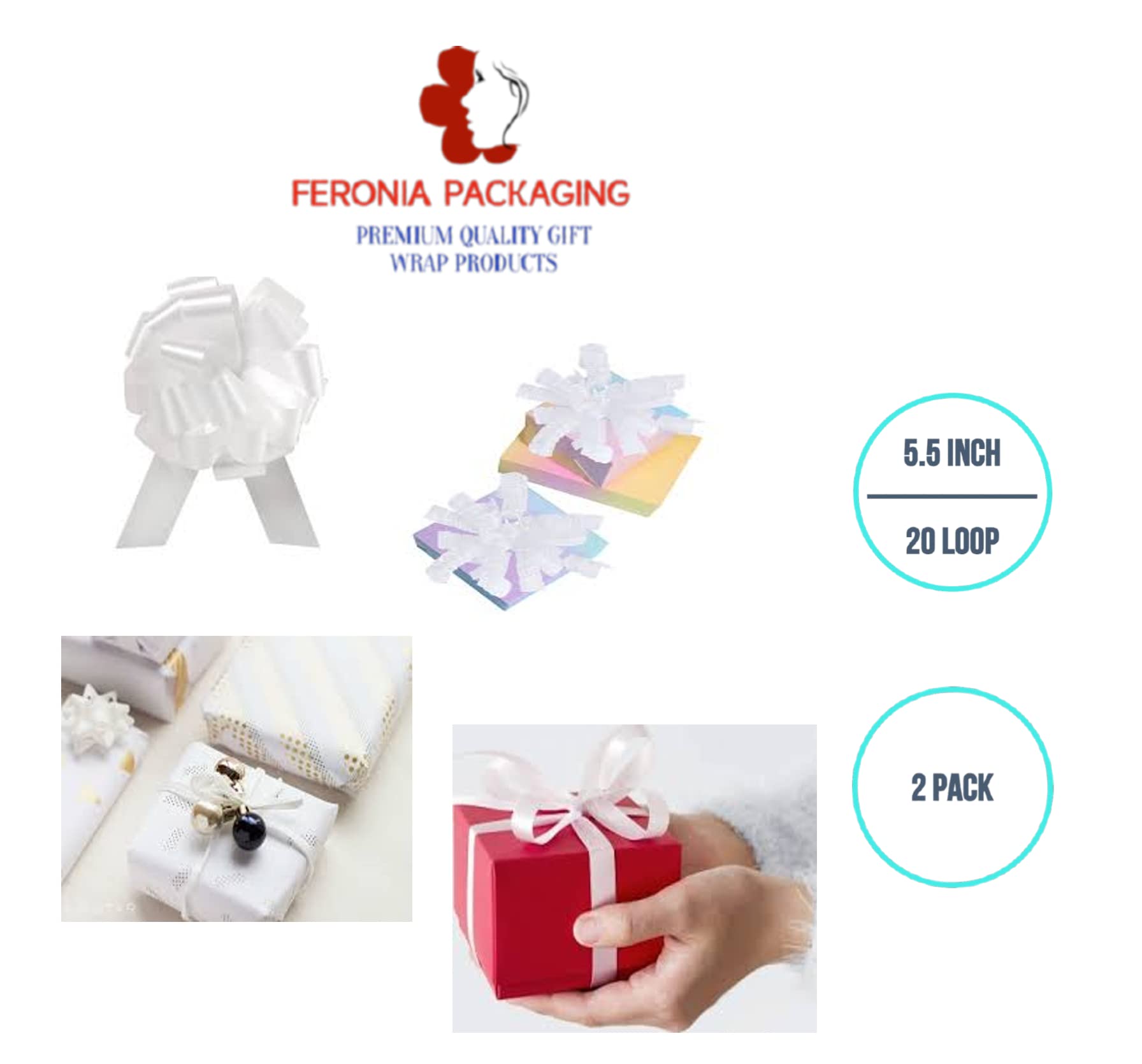 Feronia Packaging 2-Piece White Pull Bows for Gift Wrapping - 5.5 Inch 20 Loop Ribbon Bows for Wedding Gifts, Party Favors & Holiday Decorations