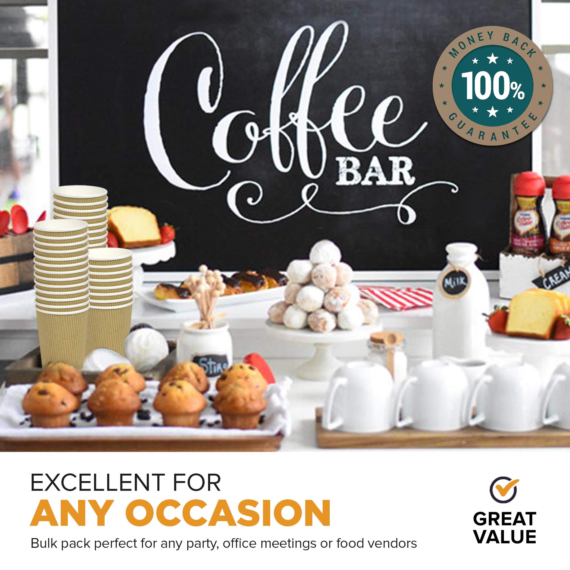 500 Pack 16oz Brown Disposable Coffee Cups - Triple Wall Insulated Hot Drink Cups for Coffee, Tea, Hot Chocolate - Eco-Friendly Corrugated Paper Cups for Travel, Office, Home & Cafes (Lids Not Included) | Perfect for Morning Commute, Office Breaks & Family Gatherings