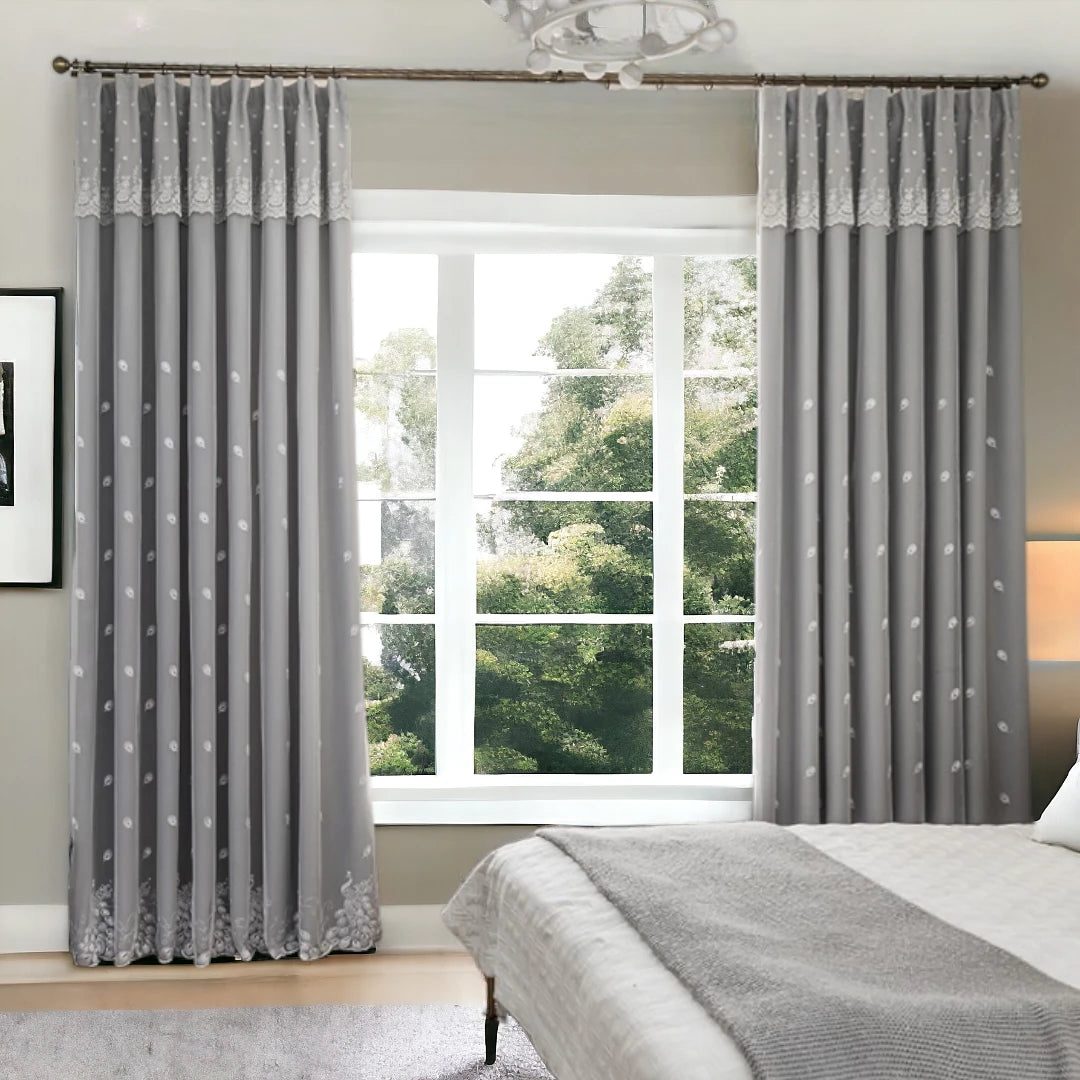 Selene Two Layer Room Darkening Blackout Custom Curtains - Embroidered Window Treatments for Bedroom & Living Room - Light Blocking Thermal Insulated Drapes for Home Decor