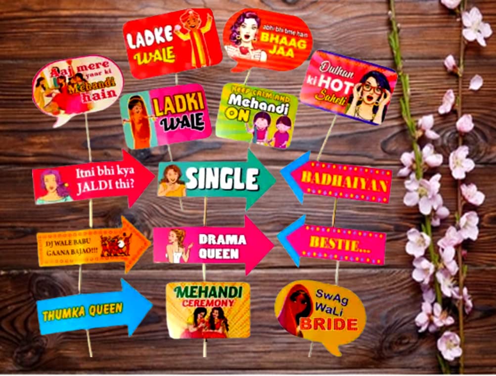 15 Pcs Mehndi Decoration Set for Sangeet & Mehandi Night - Bollywood Style Photo Props, Wedding Party Decorations - Perfect for Bride & Groom Family Celebrations | Great for Indian Wedding, Henna Night & Cultural Festivities