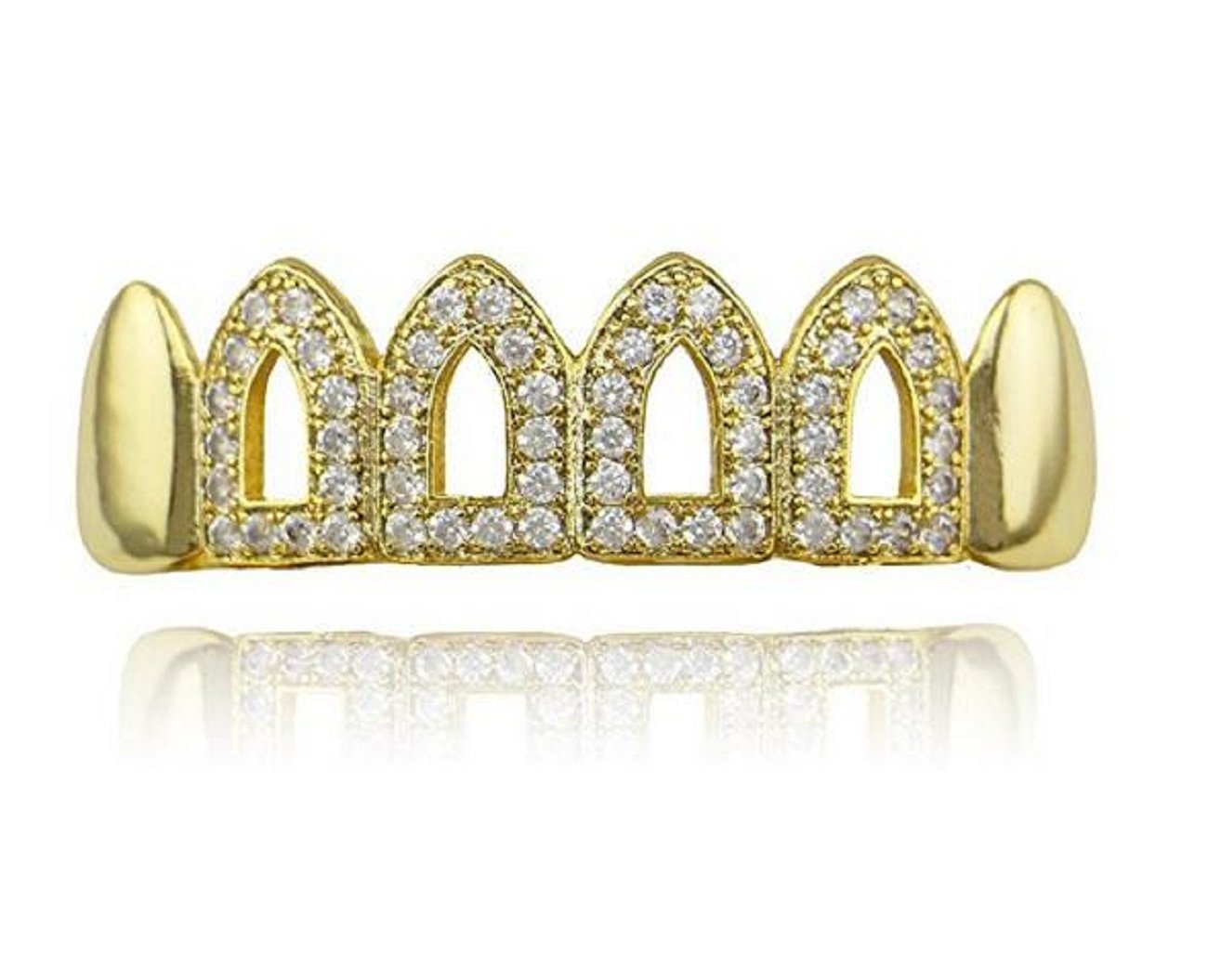 14K Gold & Silver Vampire Fang Grills - Top Teeth Pave CZ Open Outline Grillz for Men & Women | Perfect for Halloween, Cosplay, Hip Hop Fashion & Special Events