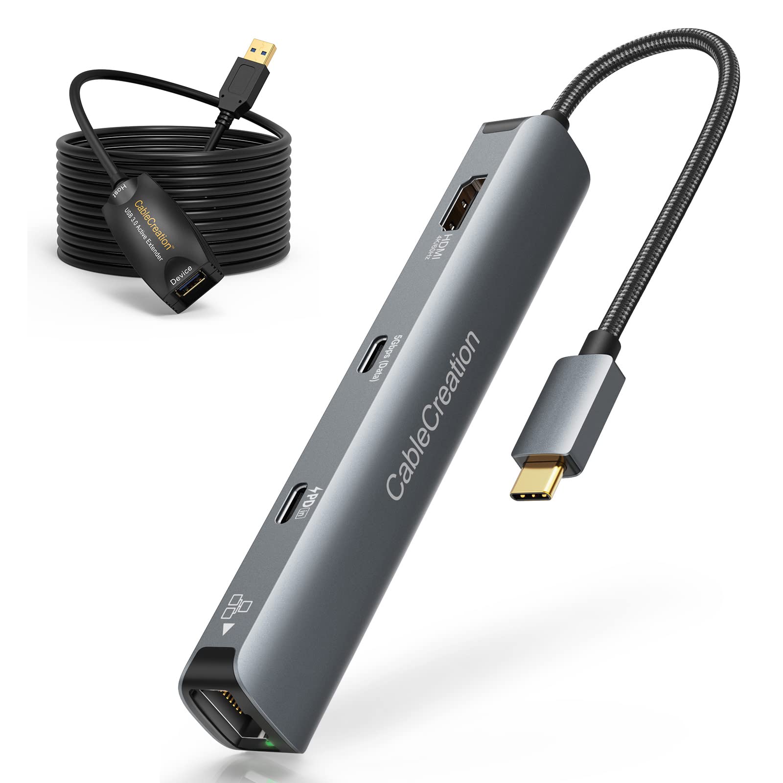 CableCreation 6-in-1 USB C Hub Multiport Adapter with 16.4FT Active USB 3.0 Extension Cable - USB C to HDMI, Ethernet, USB-A Ports - Perfect for MacBook Pro, Dell XPS, iPad Pro & Home Office Setup