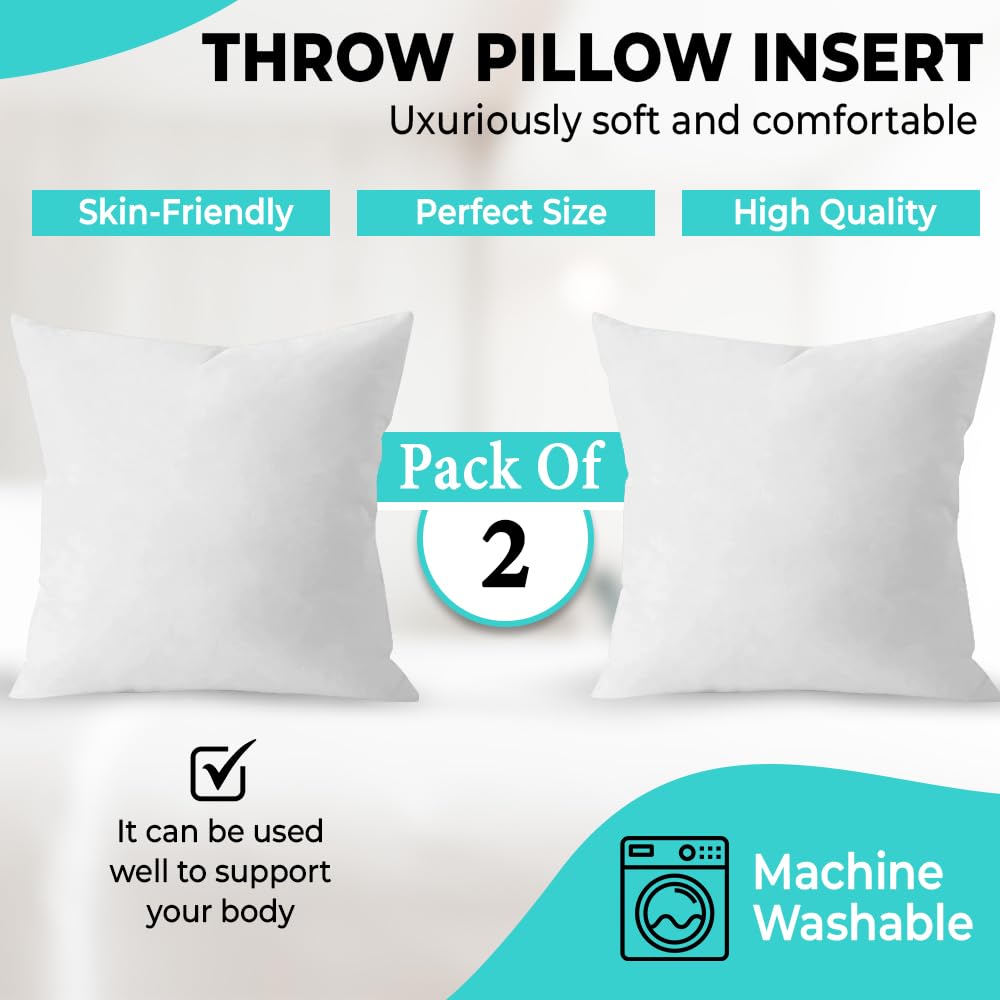 18x18 Inch Down Alternative Throw Pillow Inserts - Pack of 2 White Decorative Pillow Filler for Sofa, Bed & Living Room - Soft Couch Cushions for Home Decor & Comfort