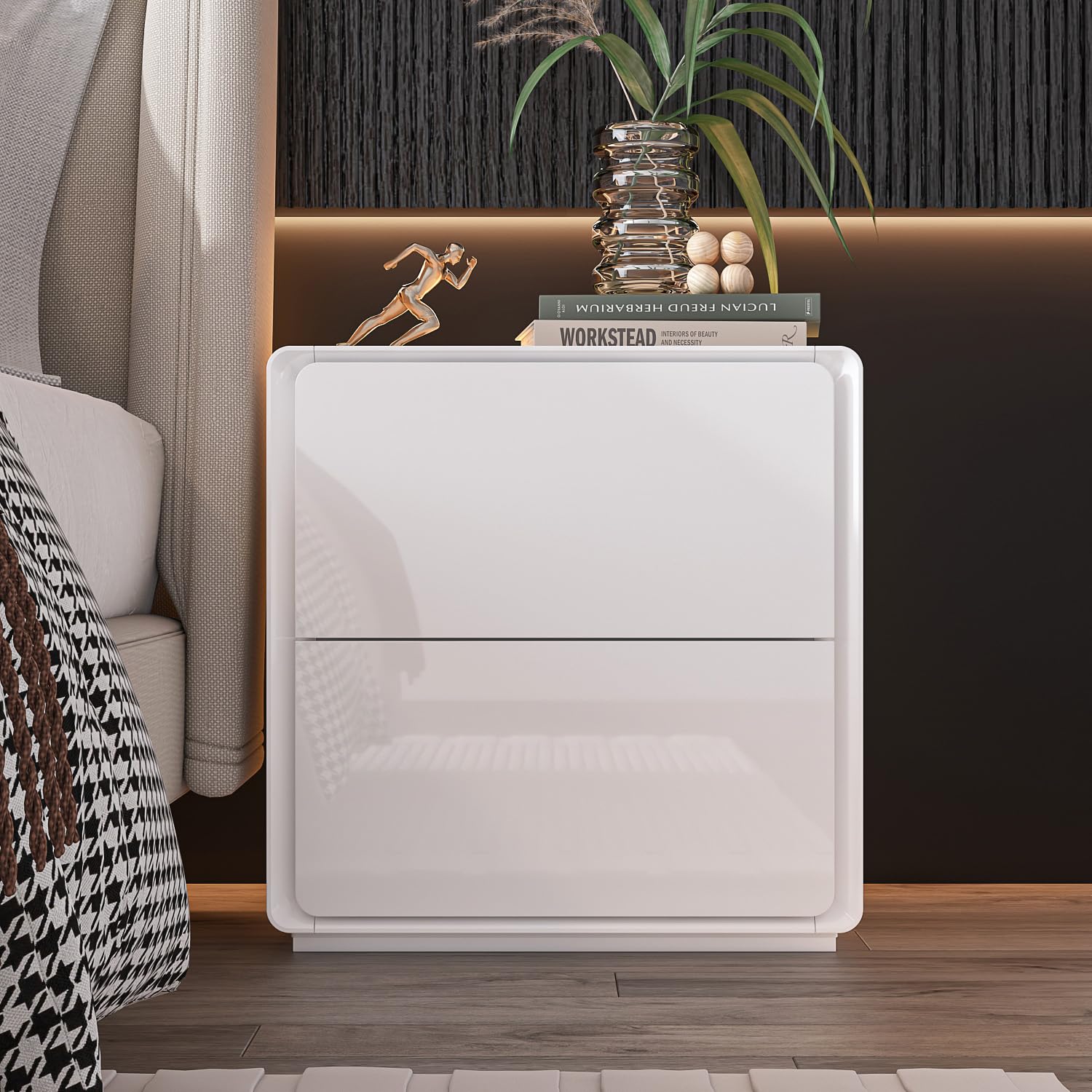 Homsee Nightstand Set of 2 - Modern White Bedside Tables with 2 Drawers & Built-in Light, Round Edge End Tables for Bedroom & Living Room (19.6”L x 15.7”W x 20”H) - Perfect for Small Spaces, Apartment Decor & Guest Rooms