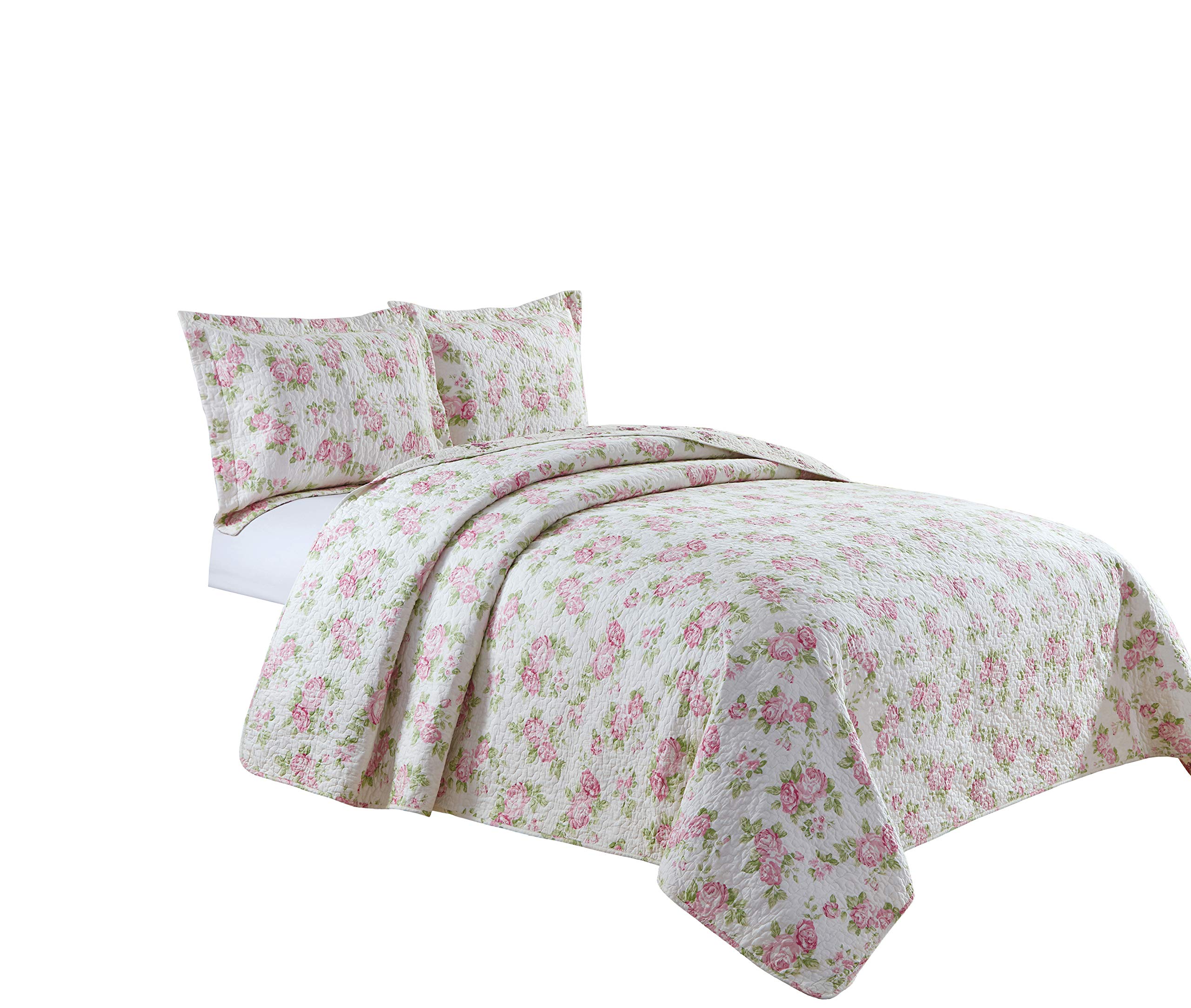 Chezmoi Collection Dakota 3-Piece Pink Rose Printed Cotton Quilt Set - Reversible Floral Bedspread King Size, Lightweight Stone Washed for Cozy Bedroom Decor & Guest Room Styling
