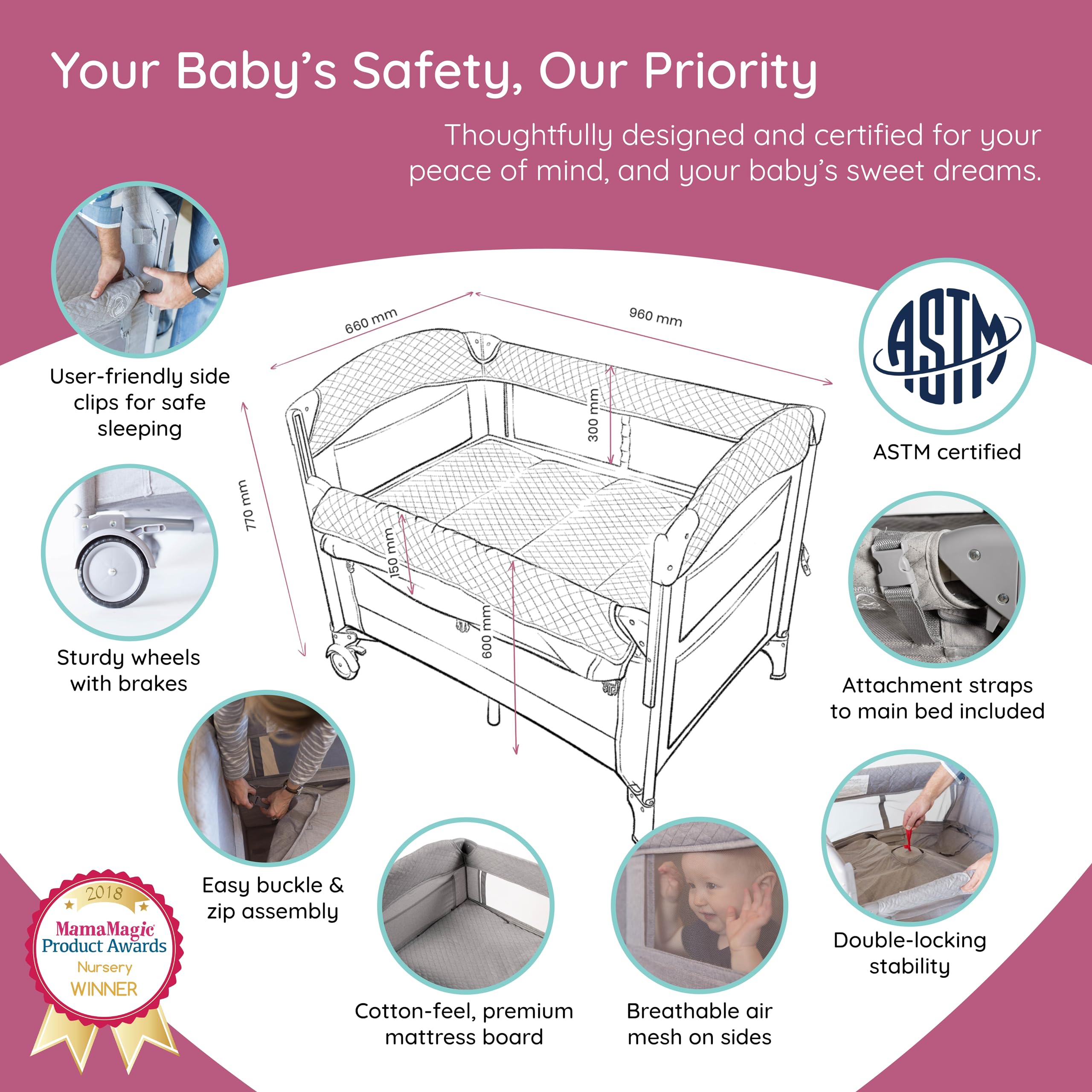 BabyWombWorld Portable Baby Bassinet Bedside Sleeper - Soft Newborn to Toddler Crib with Storage & Wheels | Safe Co-Sleeping Solution for Nursery, Bedroom & Travel