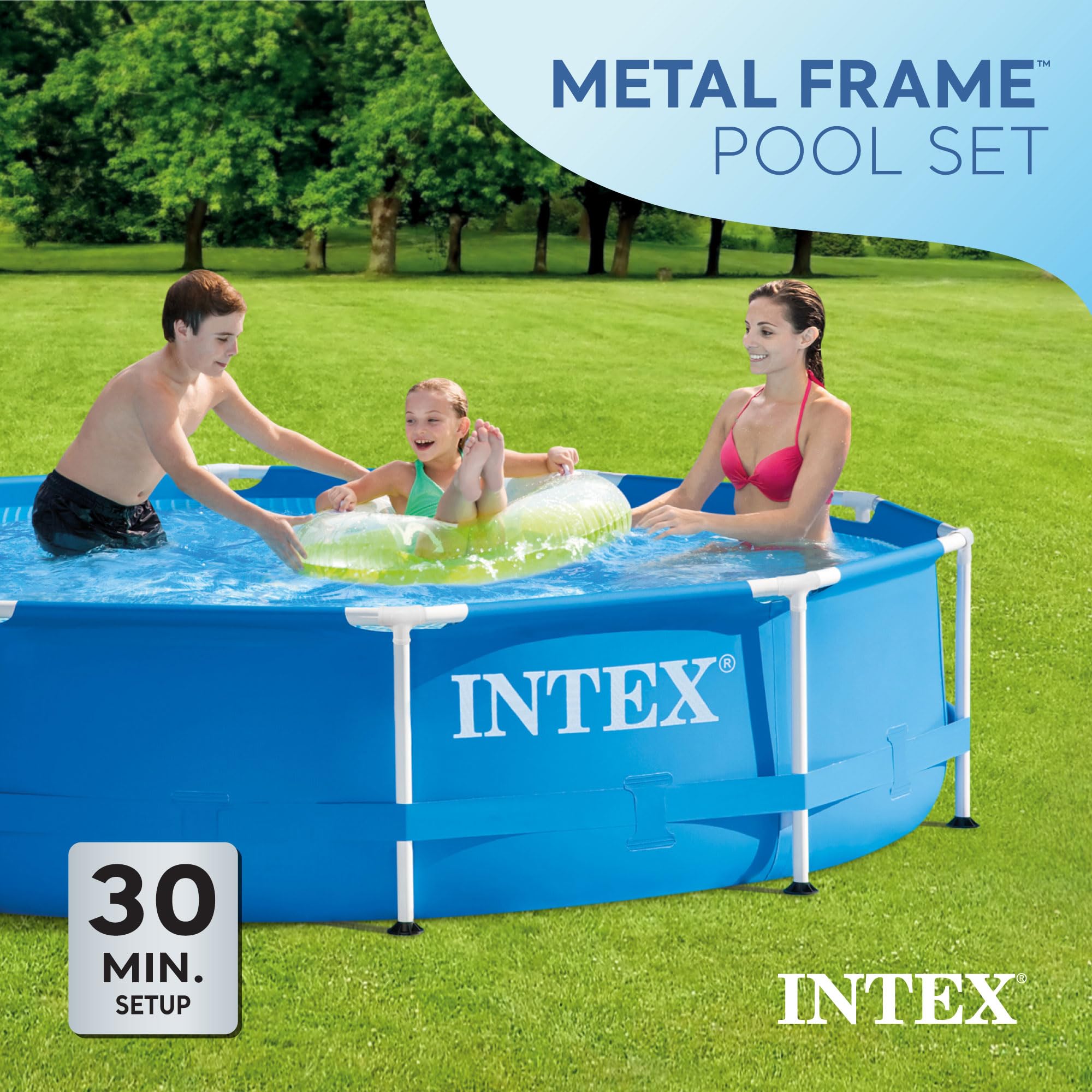Intex 10ft x 30in Round Metal Frame Above Ground Outdoor Swimming Pool Set with 330 GPH Filter Pump, Cartridge & Protective Cover - Perfect for Backyard Fun, Family Gatherings & Summer Cooling