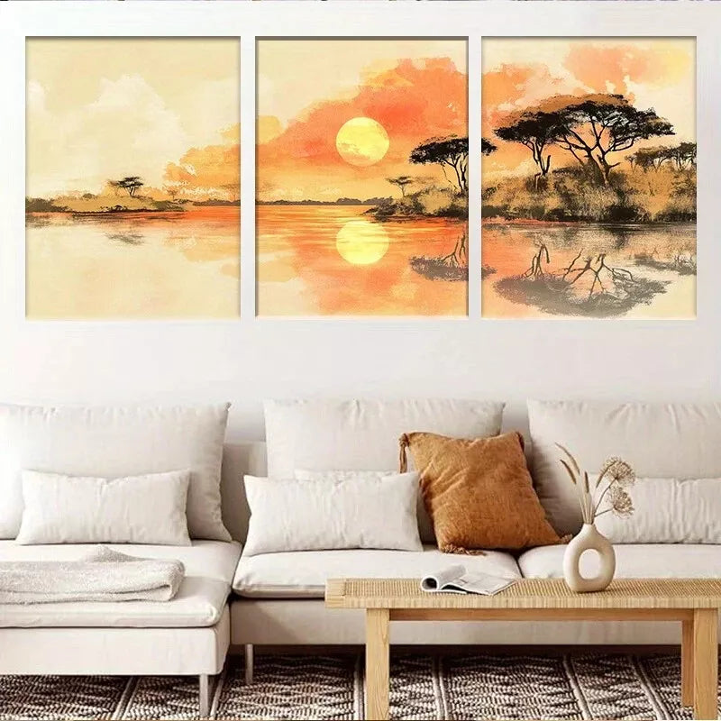 3-Piece Serene Nature African Sunset Landscape Wall Art Set - Framed Canvas 40x60cm (16x24in) - High Quality Print - 100% Australian Made - Ready to Hang - Perfect for Living Room, Bedroom & Office Decor