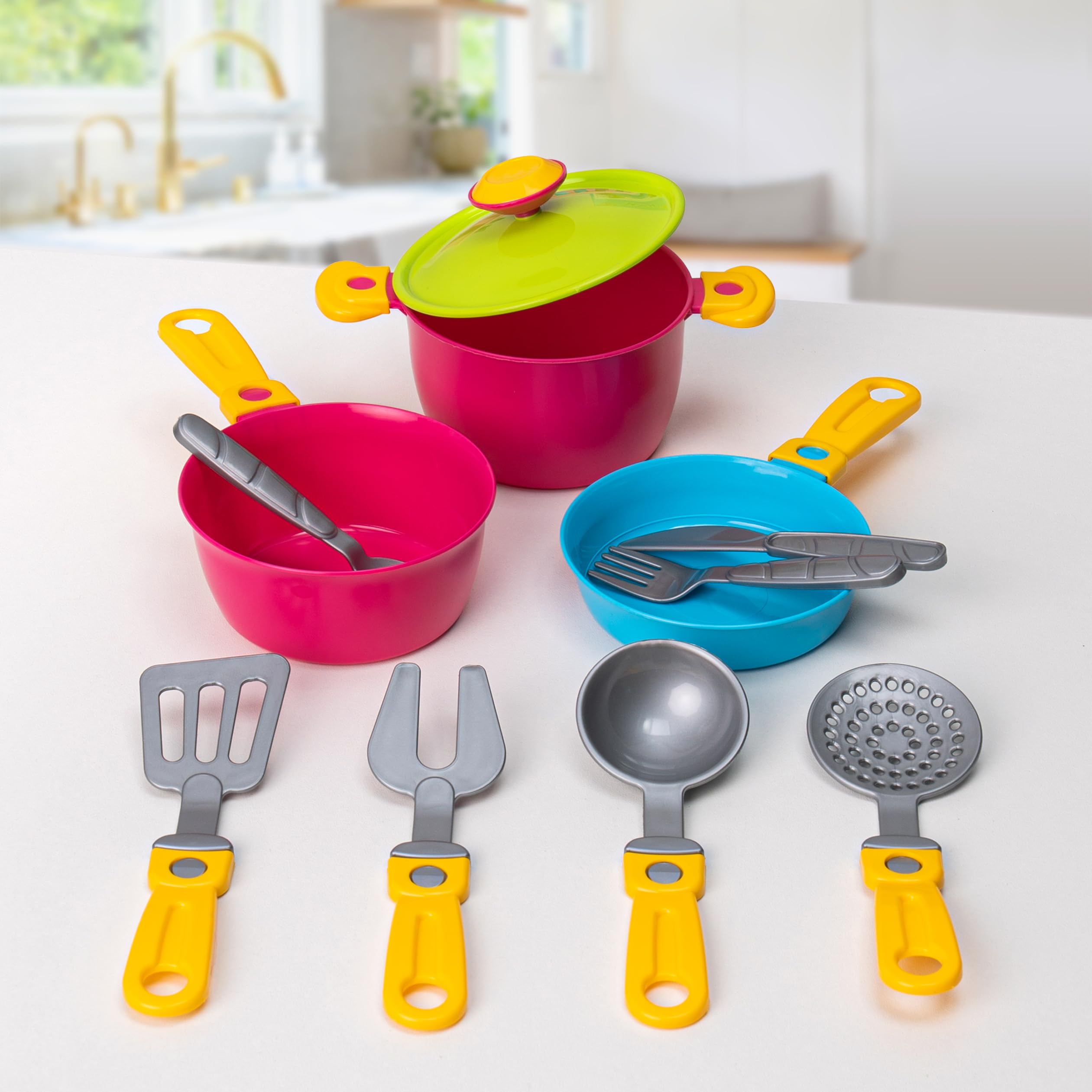 Colorful 33-Piece Kids Pretend Play Kitchen Dishes Set with Drainer - Durable Toy Cookware & Tableware for Toddlers | Perfect for Role Play, Tea Parties & Learning Fun (Pink)