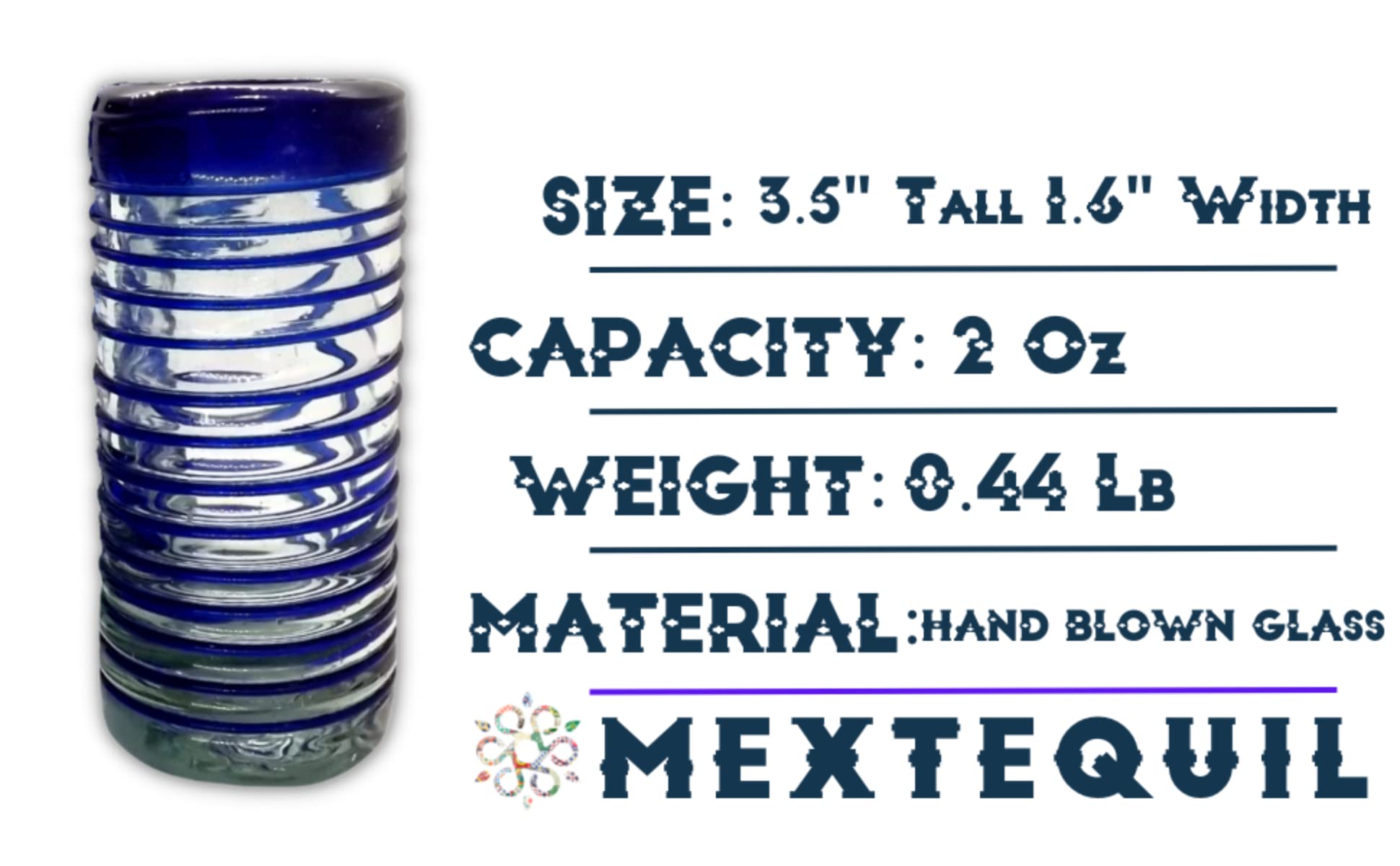 Authentic Mexican Tequila Shot Glasses Set - Hand Blown 2oz Tequila Glasses (4-Piece, Cobalt Blue Spiral Design) - Perfect for Parties, Cinco de Mayo Celebrations & Home Bar Decor