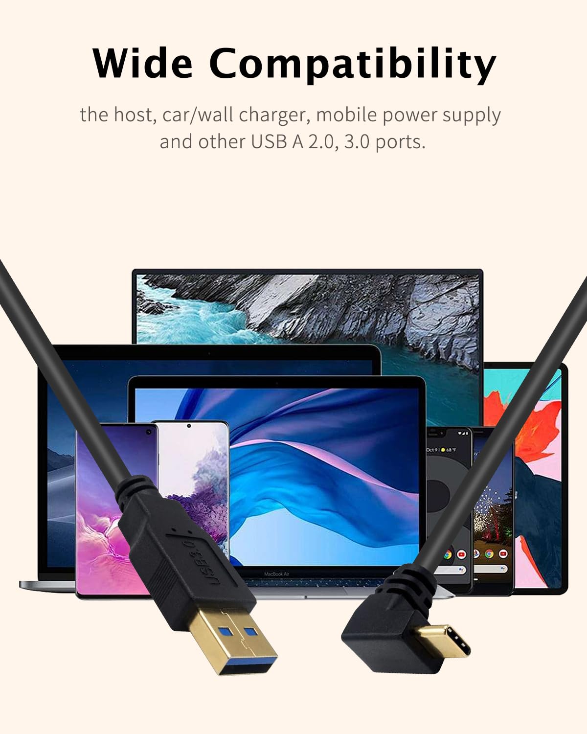 5Ft 90 Degree Right Angle USB C Cable - USB A 3.0 to USB C 3.1 Fast Charging Cable (1.5M/5ft) for iPhone 15, Samsung Galaxy, iPad, MacBook, Nintendo Switch, PS5 & More - Perfect for Gaming, Travel & Tight Spaces