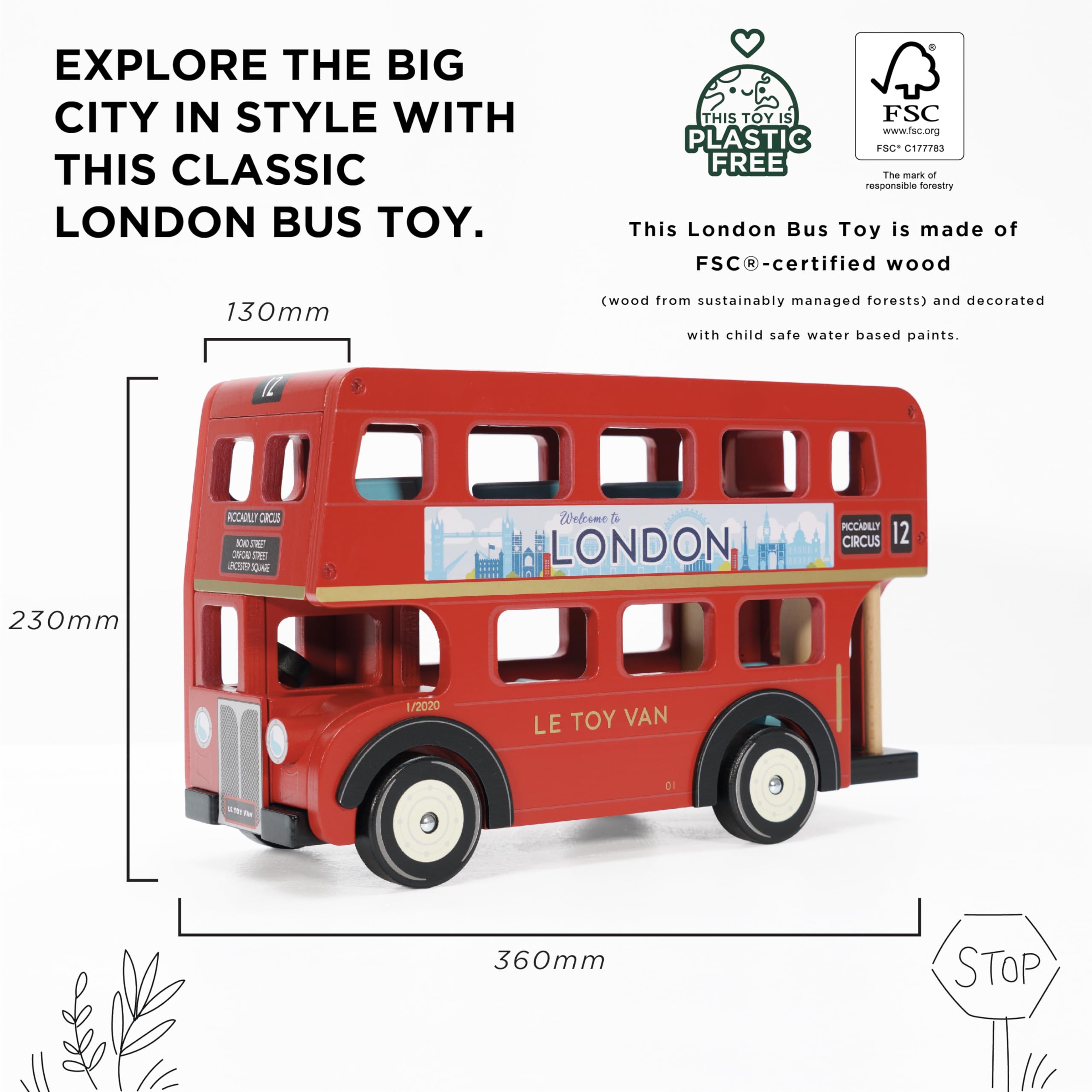 Le Toy Van London Double Decker Bus - Wooden Construction Vehicle Toy for Kids - Pretend Play & Educational Toy for Boys & Girls Ages 3+ - Perfect for Imaginative Play, Preschool Learning & Nursery Decor