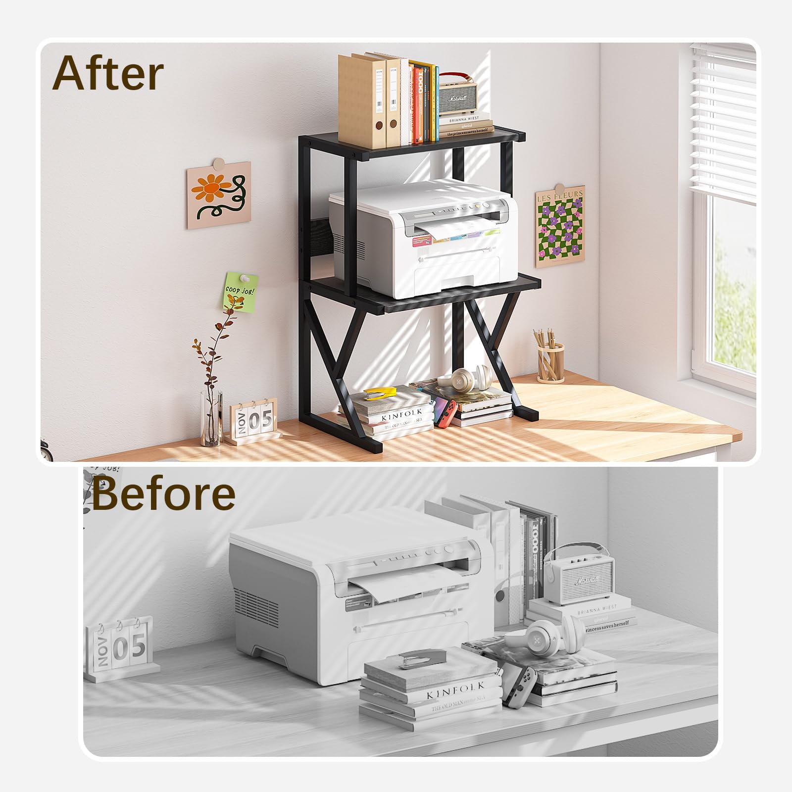 aboxoo 3-Tier Wooden Desktop Printer Stand with Storage Shelves - Under Desk Organizer for Fax Machine, Scanner & Home Office Supplies (Black) - Perfect for Small Spaces & Clutter-Free Workspaces