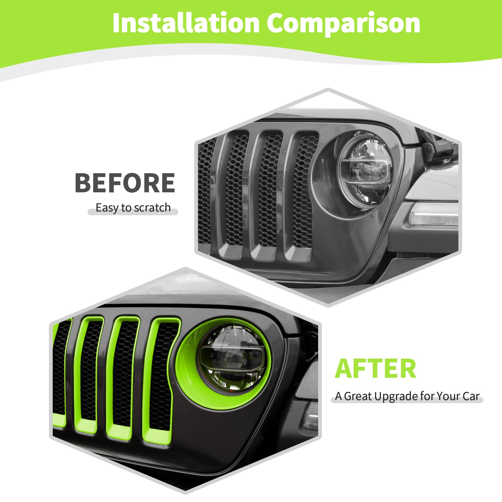 RT-TCZ Mesh Front Grille Grill Insert & Headlight Cover Trim for Jeep Wrangler JL/JLU (2018-2022) - 9-Piece Green Exterior Accessories Kit for Off-Road Protection & Style Enhancement