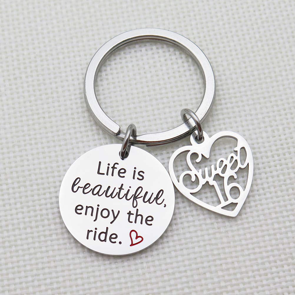 IDLAN Sweet 16 Keychain - 'Life Is Beautiful Enjoy The Ride' Inspirational Stainless Steel Keyring - Perfect 16th Birthday Gift for Daughter, Niece, or Teen Girl - Great for Graduation, Birthdays & Special Occasions