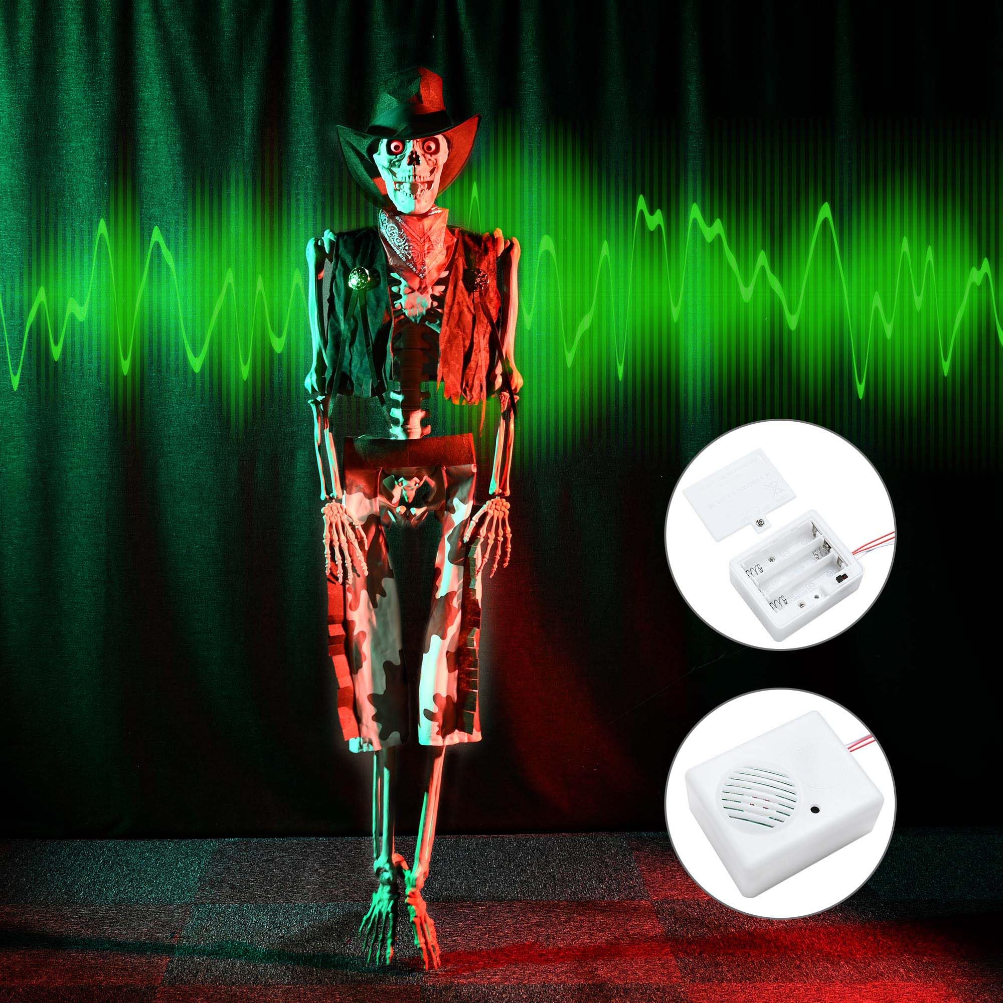 Life-Size Poseable Skeleton - 5.4ft Western Cowboy Halloween Decoration with Glowing Eyes | Haunted House Props, Party Decor, Photo Booth Backdrop (2024 Edition) - Perfect for Halloween Parties, Haunted Attractions, and Spooky Home Decor