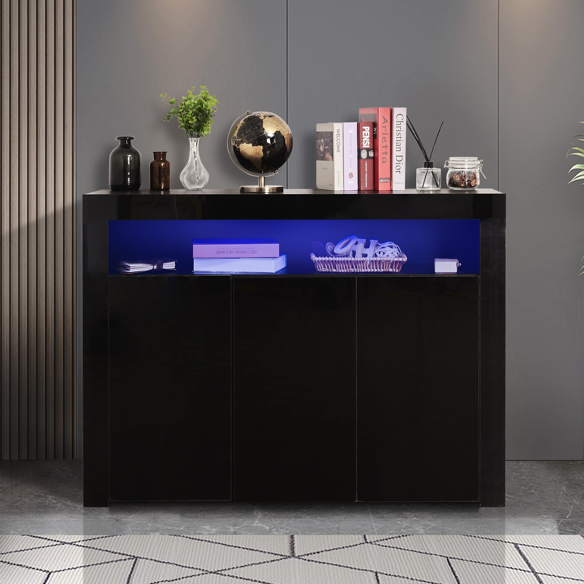 GLCHQ Modern Buffet Cabinet with LED Lights - High Gloss Storage Sideboard with 3 Doors & Adjustable Shelves - Entryway, Hallway, Living Room & Kitchen Furniture (Black) - Perfect for Dining Room Storage & Home Organization
